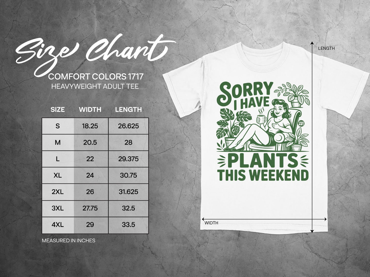 Size chart for Comfort Colors 1717 heavyweight adult tee with plant graphic.