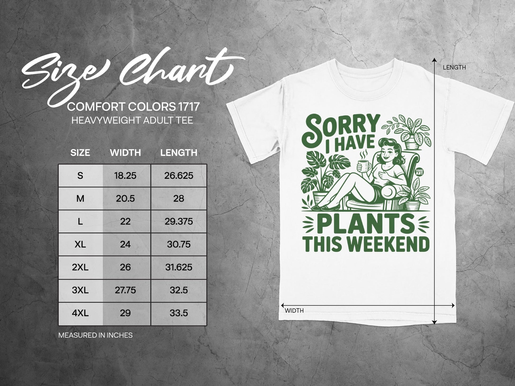 Size chart for Comfort Colors 1717 heavyweight adult tee with plant graphic.
