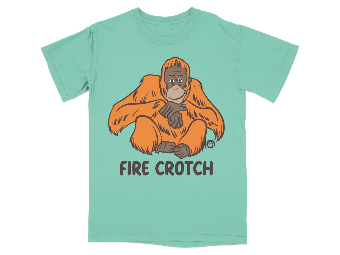 Mint green t-shirt with cartoon orangutan and text "FIRE CROTCH".