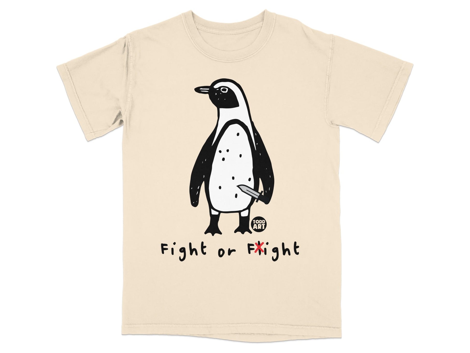 T-shirt with a cartoon penguin holding a knife and text "Fight or Fright".