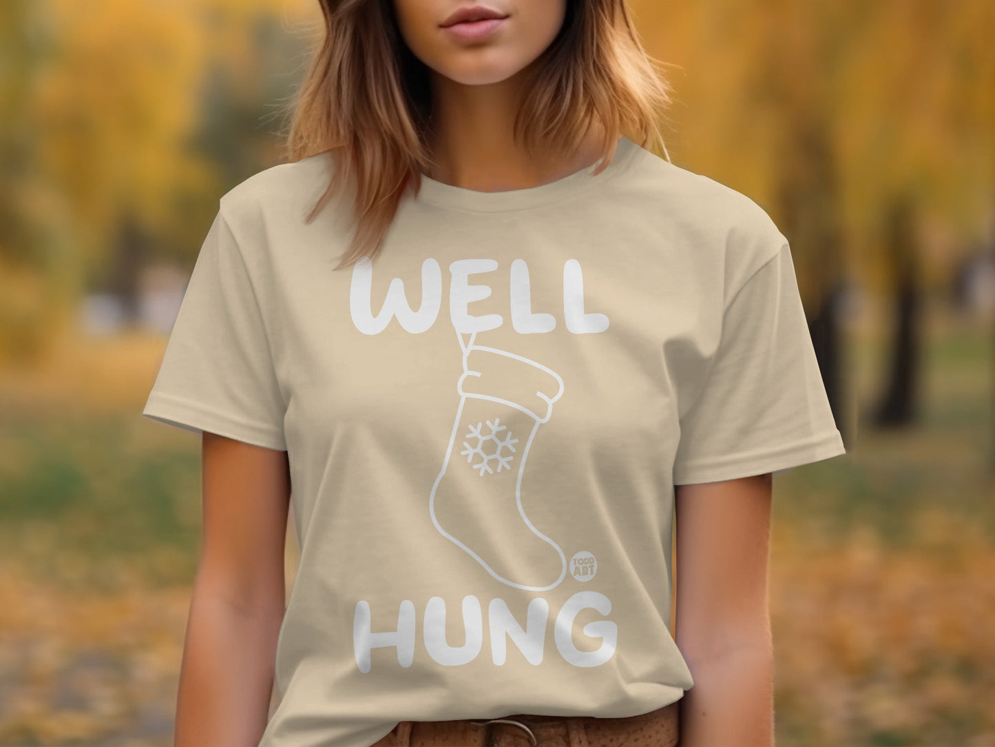 Well Hung T-Shirt with Holiday Stocking Design