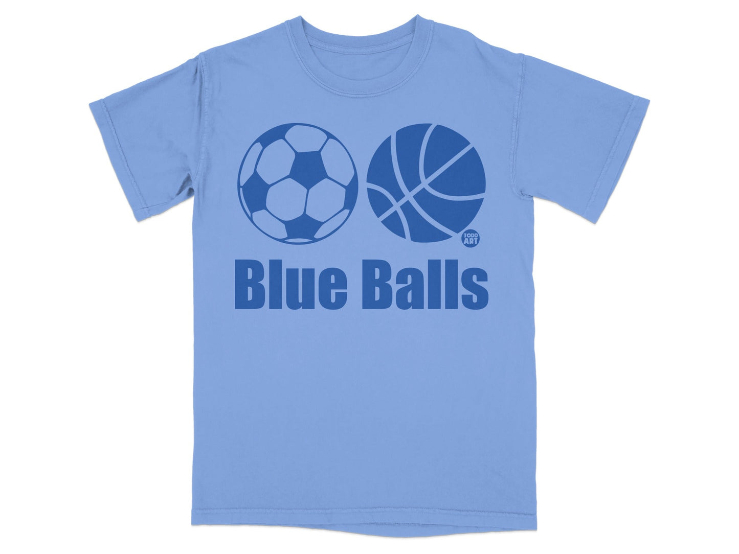 Light blue t-shirt with "Blue Balls" text and soccer and basketball graphics.