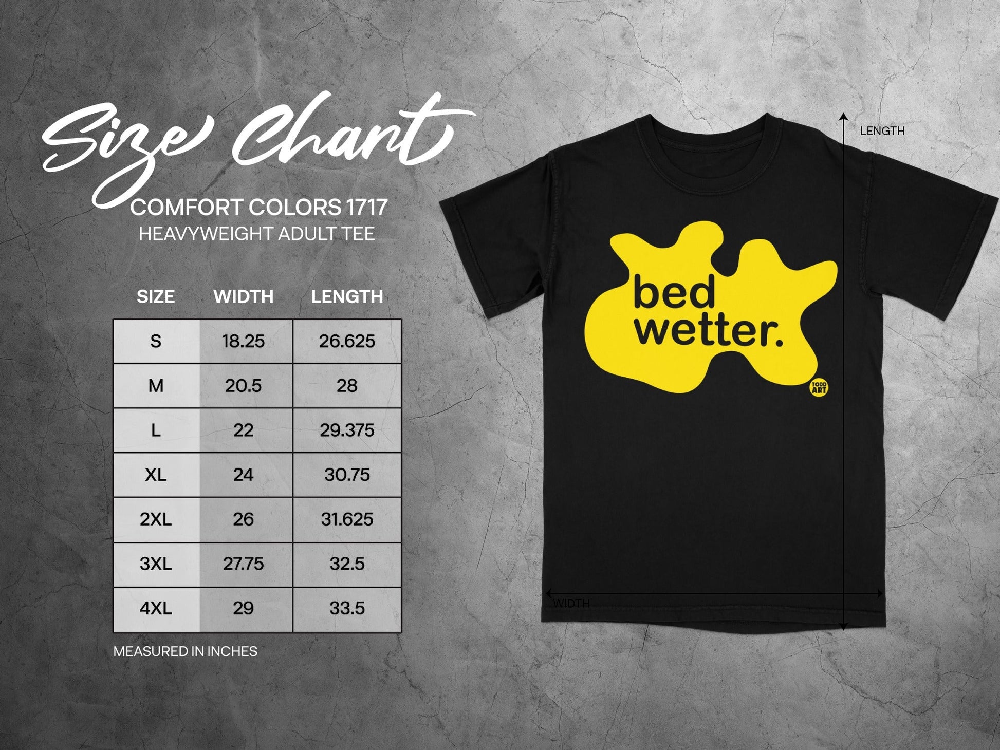 Comfort Colors 1717 heavyweight t-shirt size chart with dimensions.