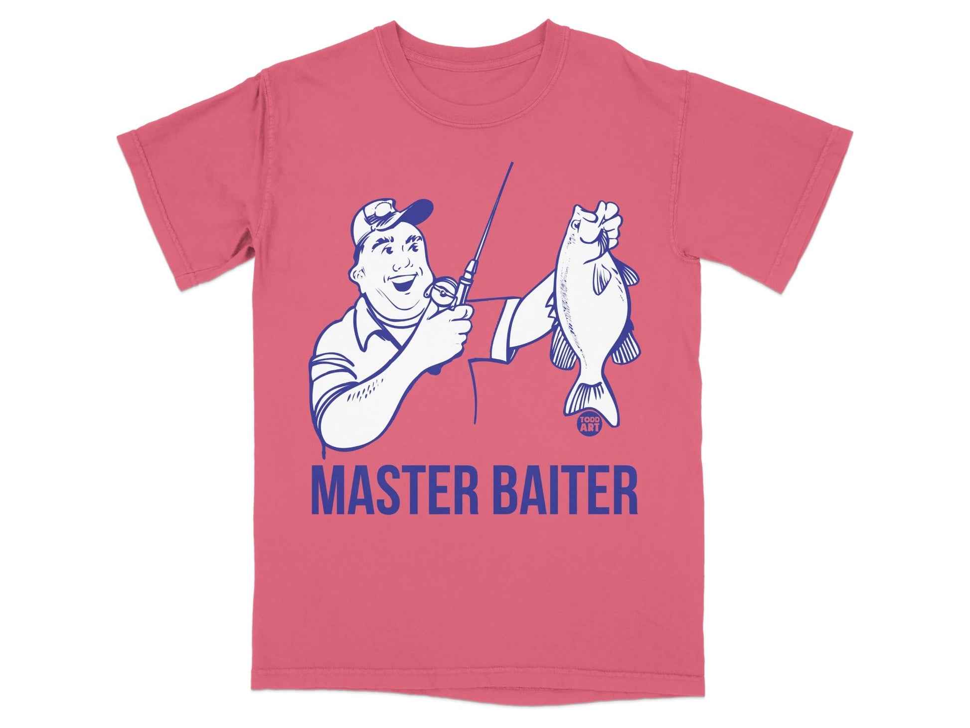 T-shirt featuring a cartoon fisherman holding a fish with "MASTER BAITER" text.