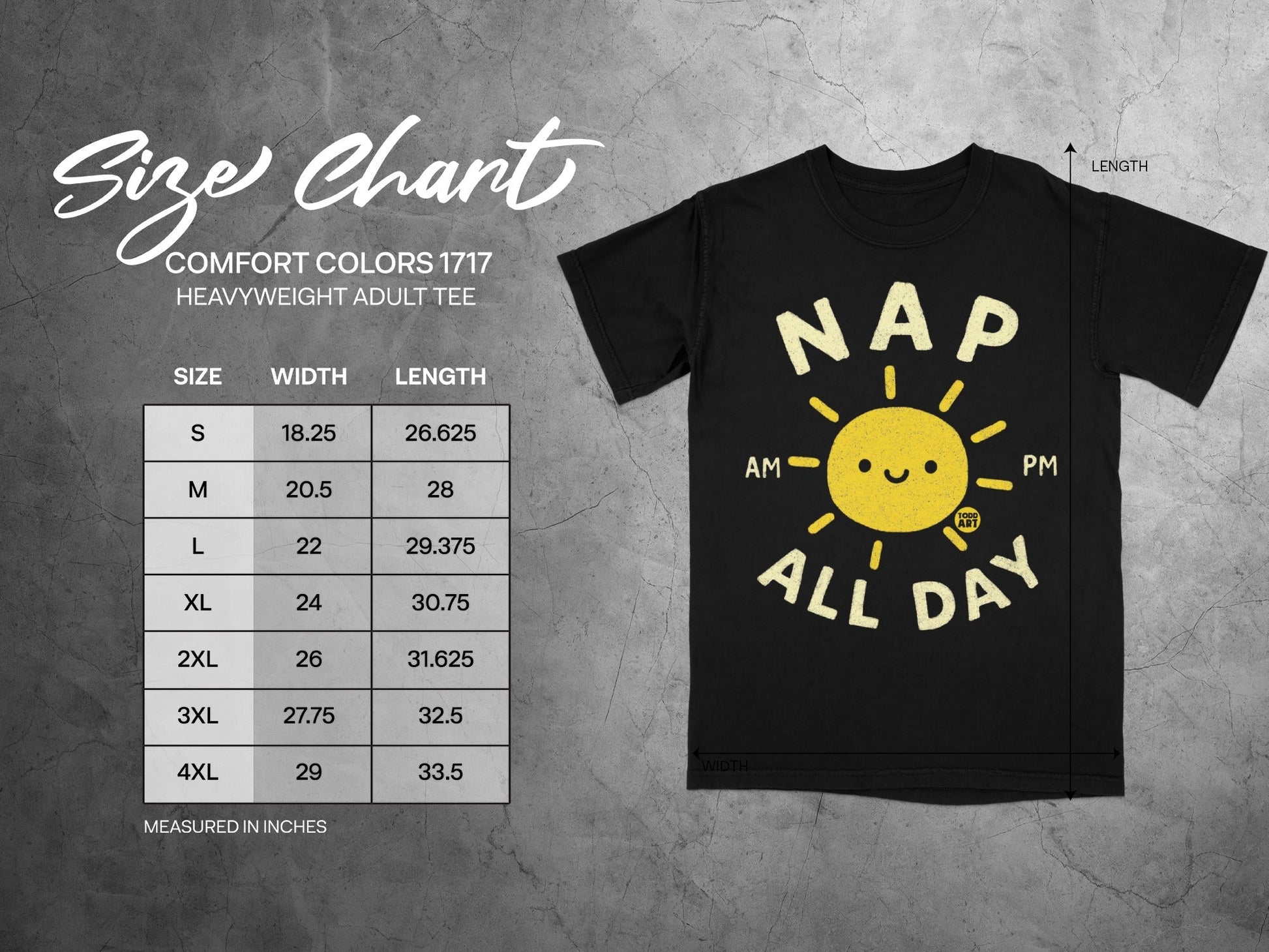 Size chart for Comfort Colors 1717 heavyweight adult tee with nap all day shirt.
