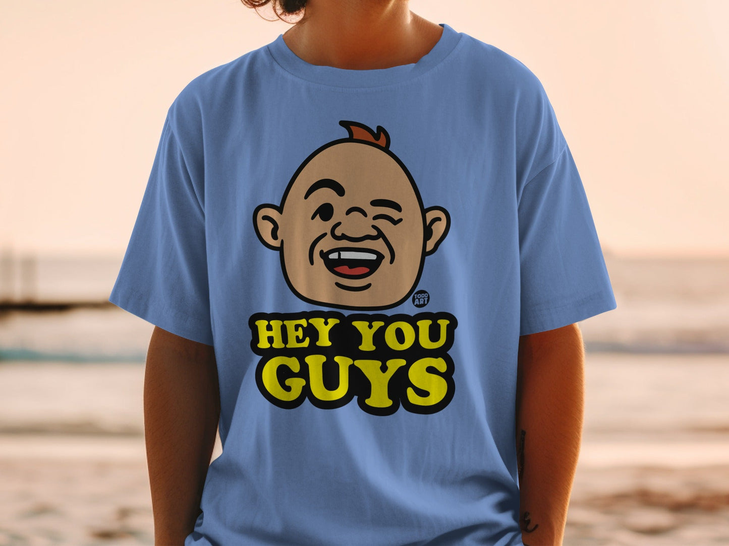 Blue t-shirt with cartoon face and "Hey You Guys" text.