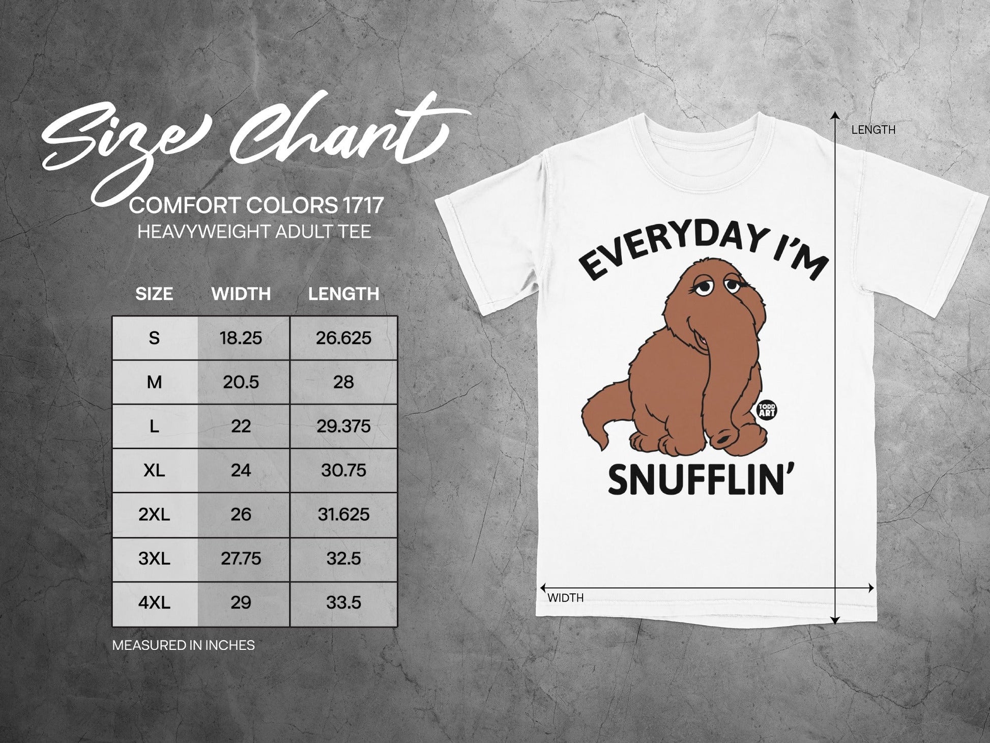 Size chart for Comfort Colors 1717 heavyweight adult tee with Muppet character and text.