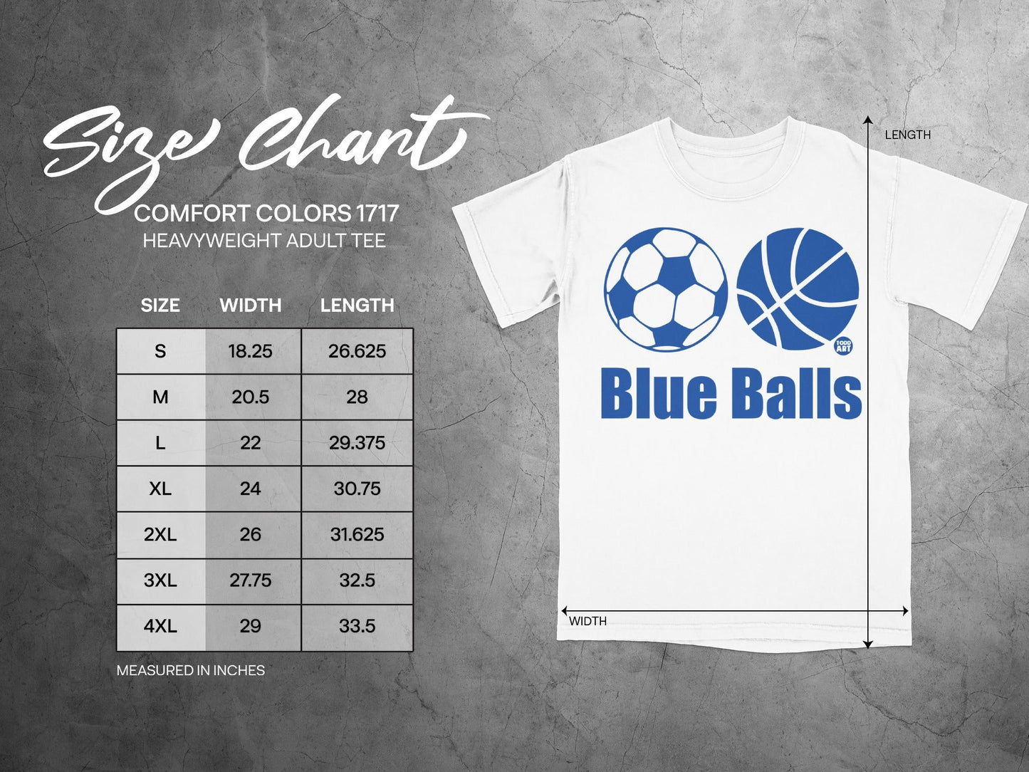 Size chart for Comfort Colors heavyweight adult tee with "Blue Balls" graphic.