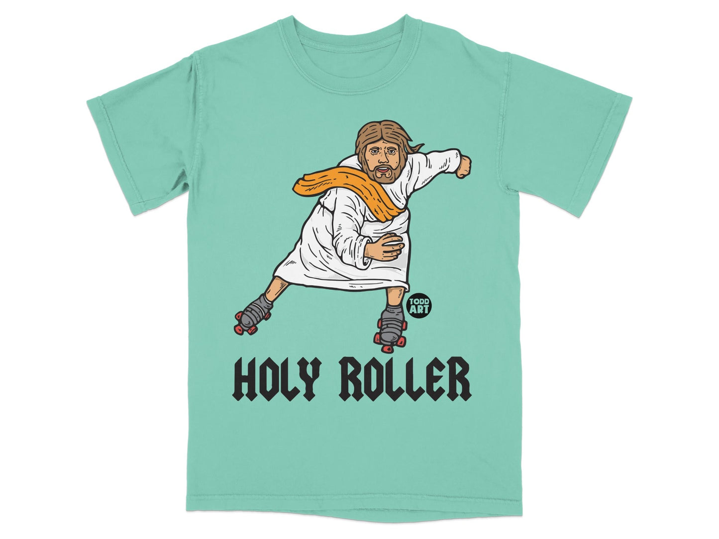 T-shirt featuring Jesus on roller skates with "Holy Roller" text.