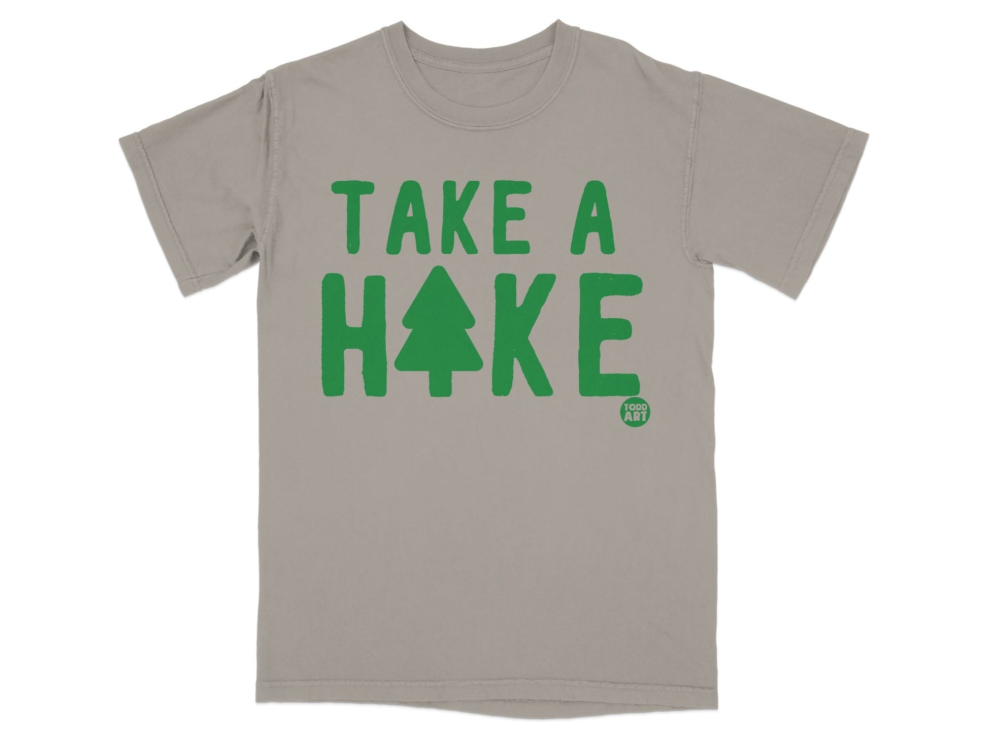 T-shirt with green text "TAKE A HIKE" and a small tree logo.