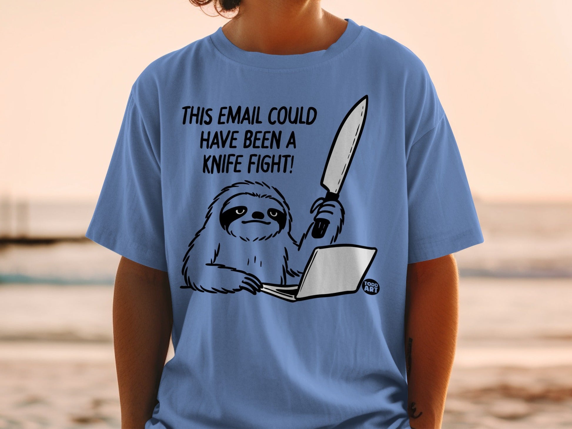 Sloth at laptop holding knife with text "THIS EMAIL COULD HAVE BEEN A KNIFE FIGHT!".