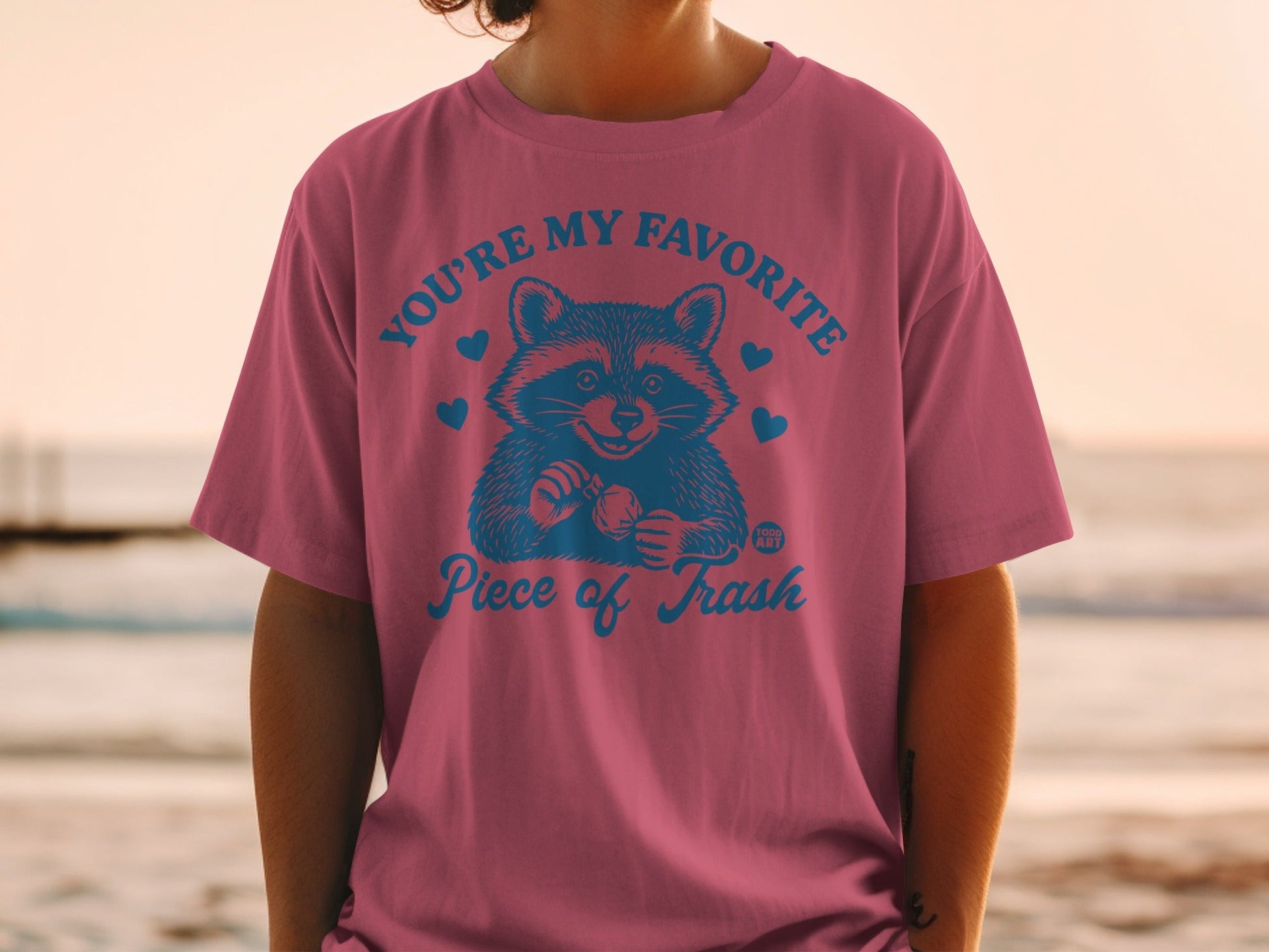 Pink t-shirt with a raccoon graphic and "You're My Favorite Piece of Trash" text.