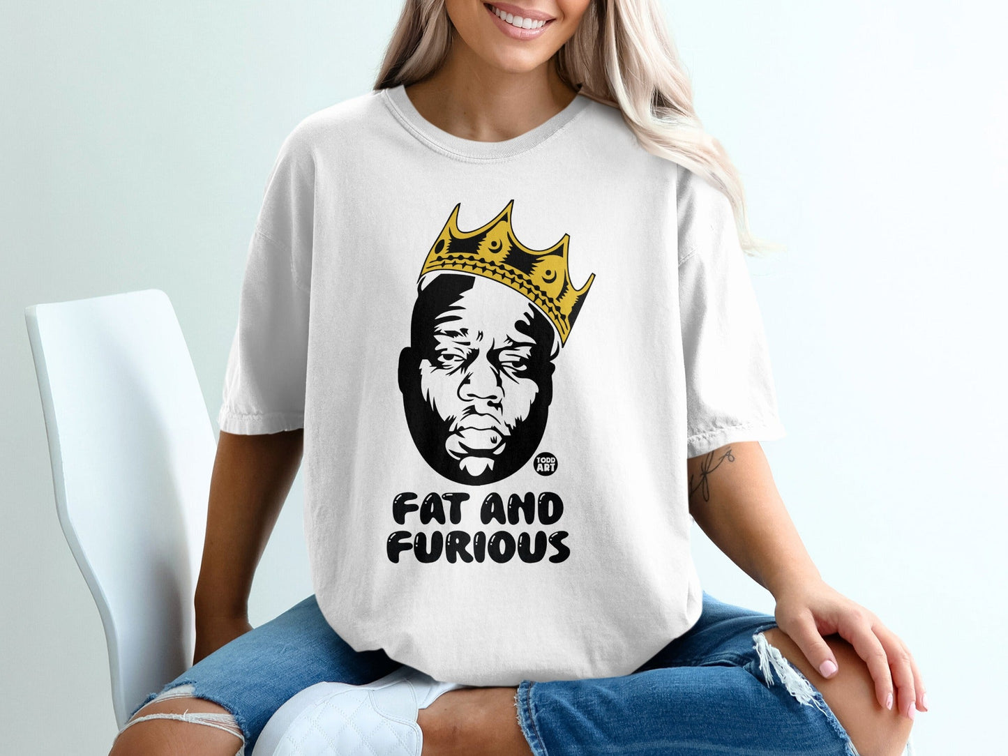 Biggie Smalls graphic t-shirt with crown and "FAT AND FURIOUS" text.