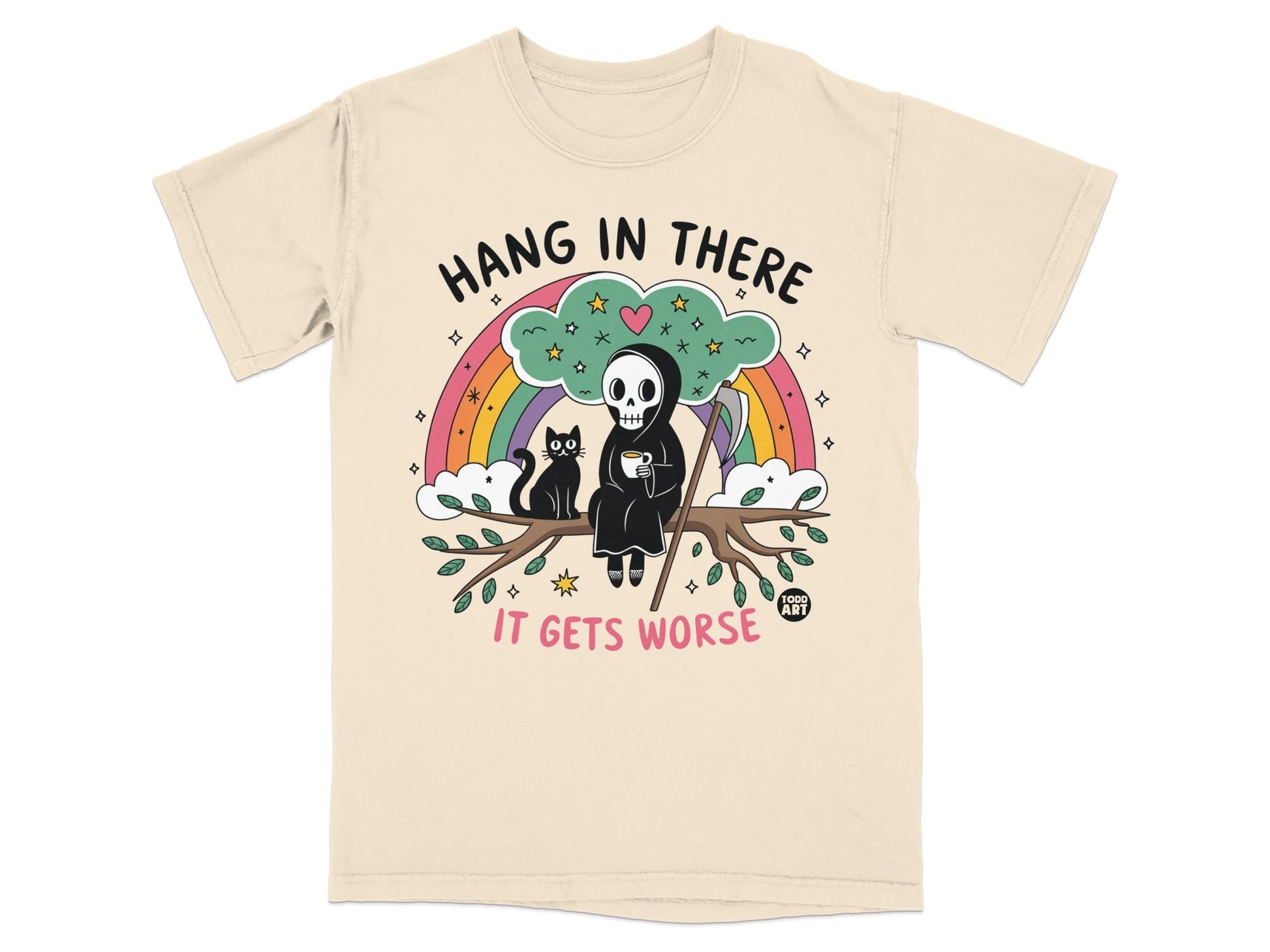 Grim Reaper with black cat and rainbow, "Hang in there, it gets worse" text.