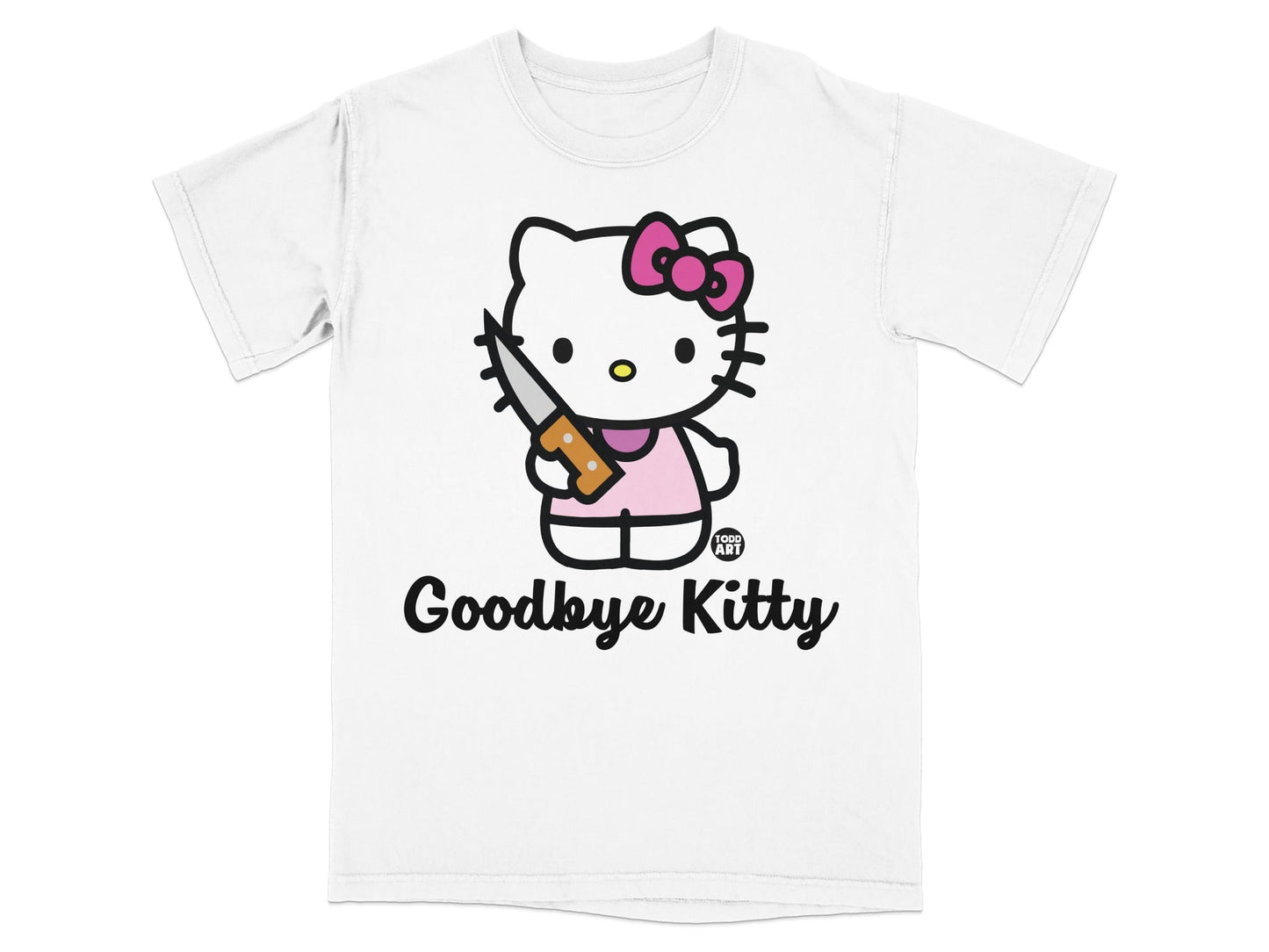 White t-shirt with Hello Kitty holding a knife, "Goodbye Kitty" text.