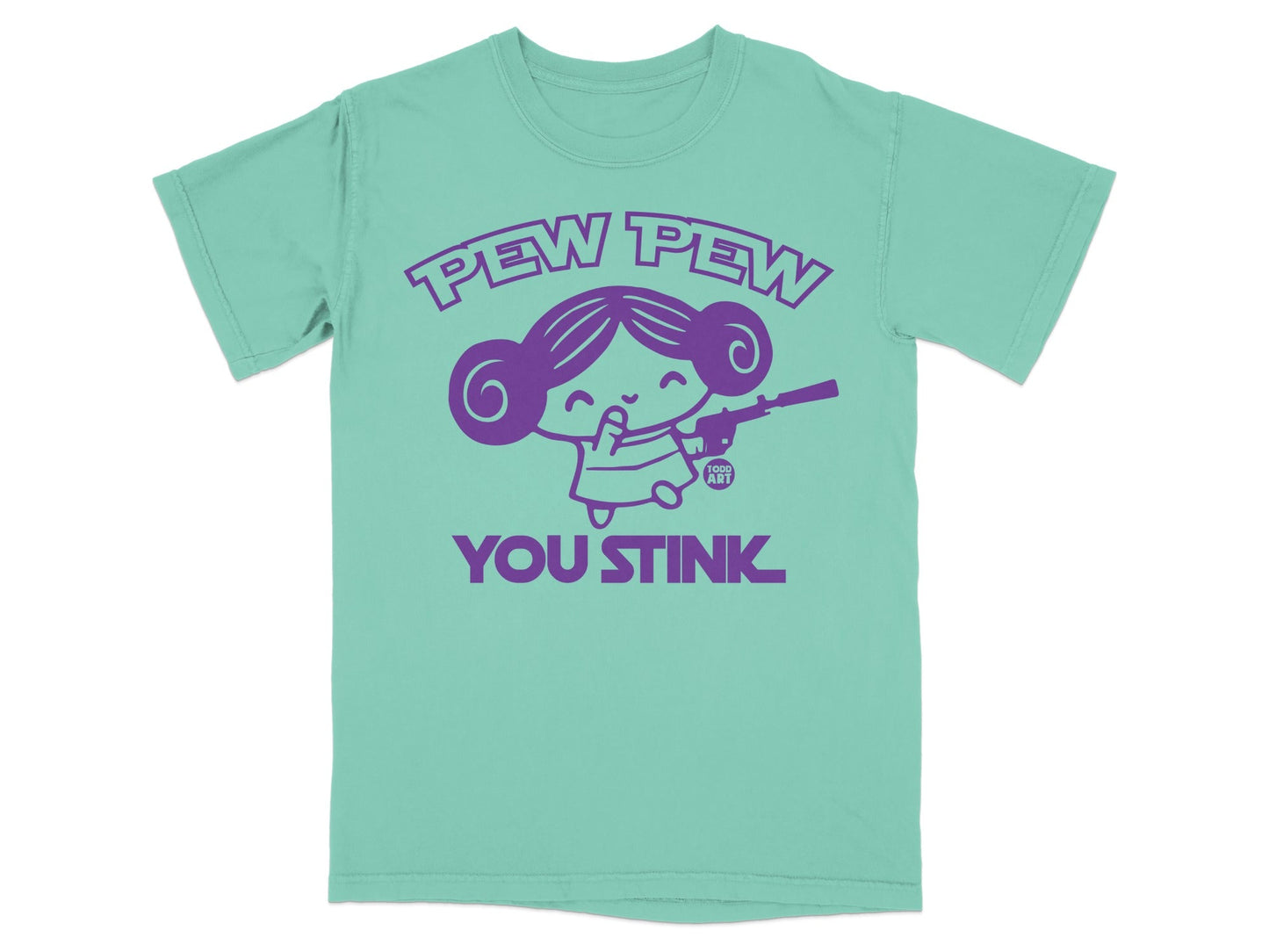 Teal t-shirt with "Pew Pew You Stink" and a cartoon character with a ray gun.