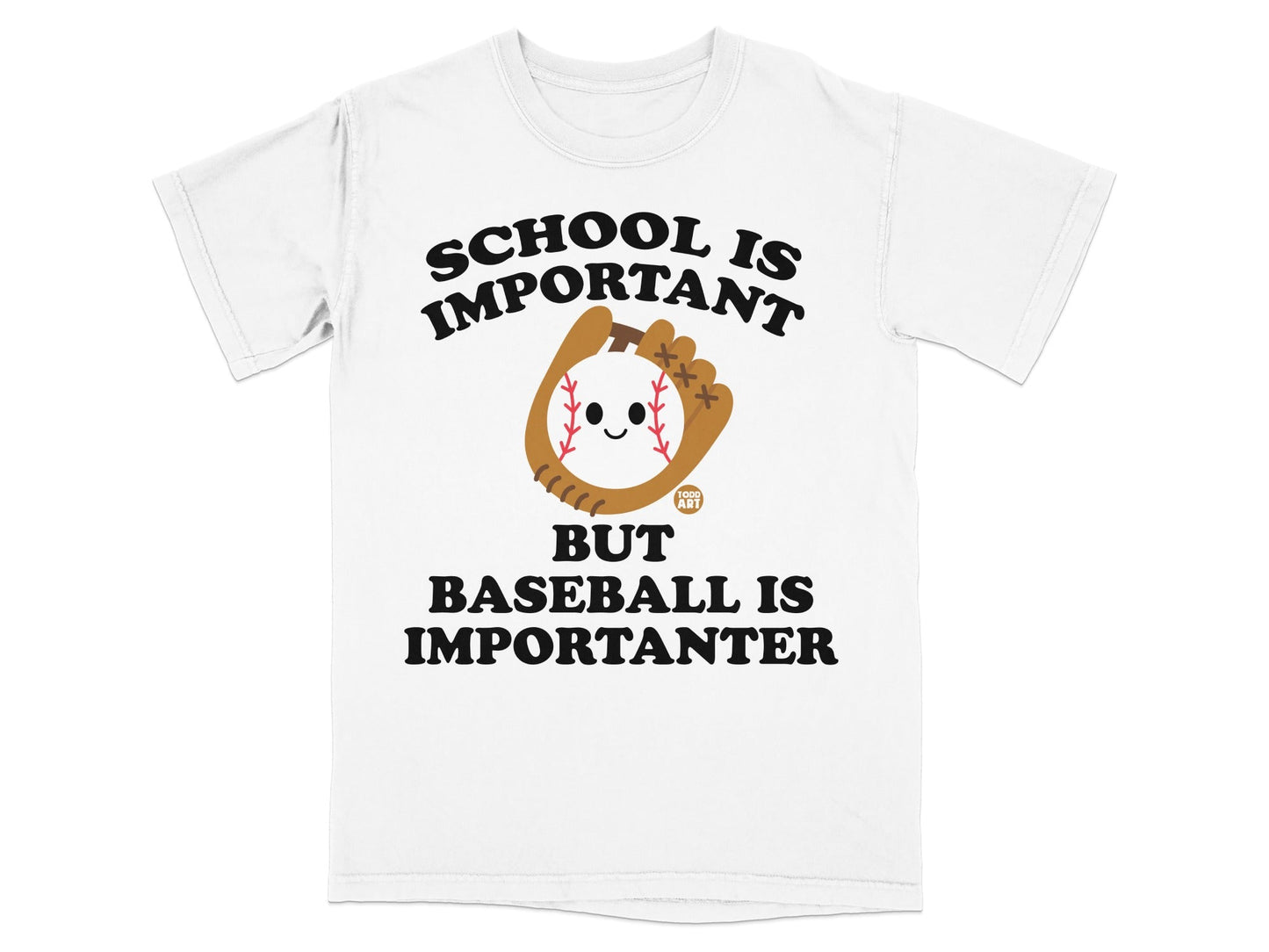 White t-shirt with "School is Important, But Baseball is Importanter" and baseball graphic.