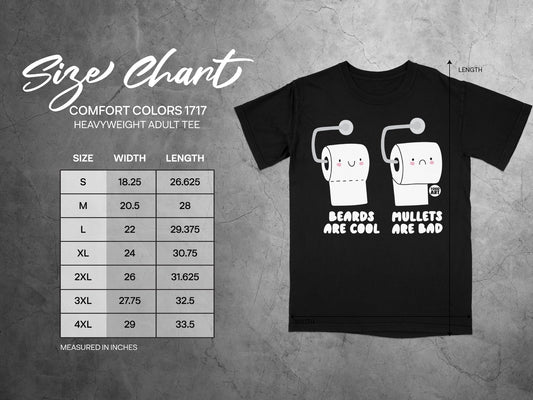 Size chart for Comfort Colors 1717 heavyweight adult tee.