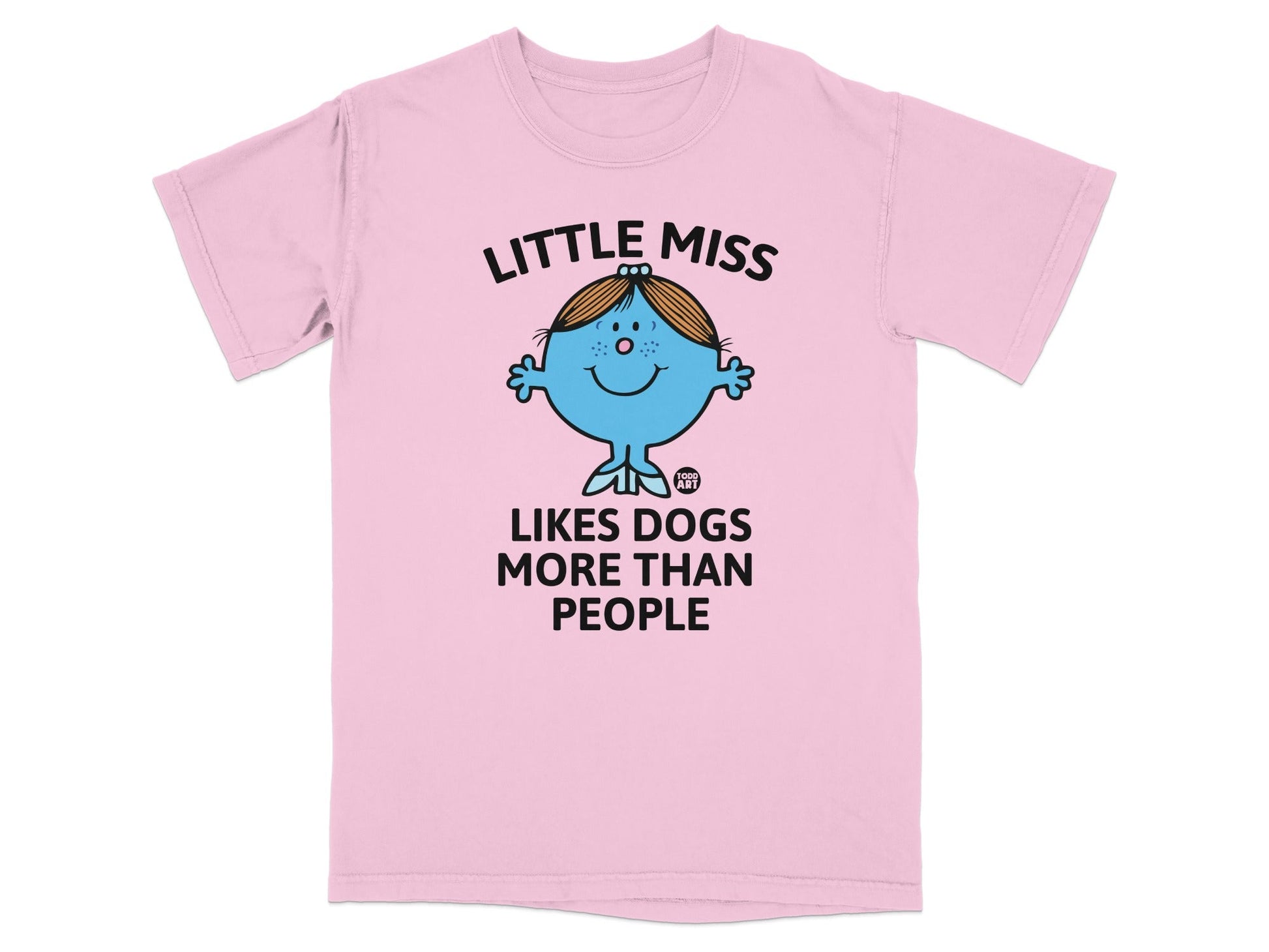 Pink t-shirt with Little Miss character and text "LITTLE MISS LIKES DOGS MORE THAN PEOPLE".