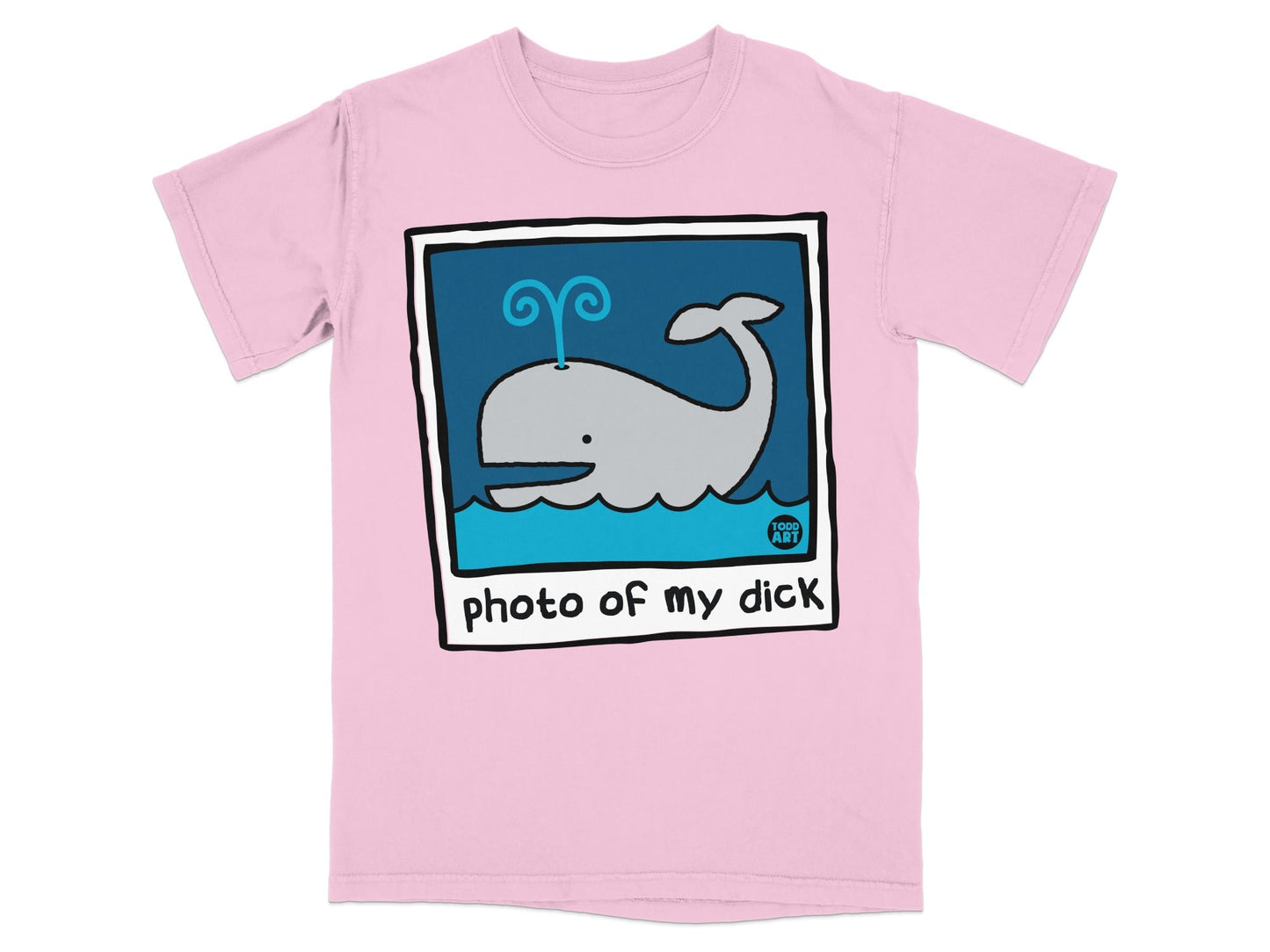 Pink t-shirt with a cartoon whale and the text "photo of my dick".