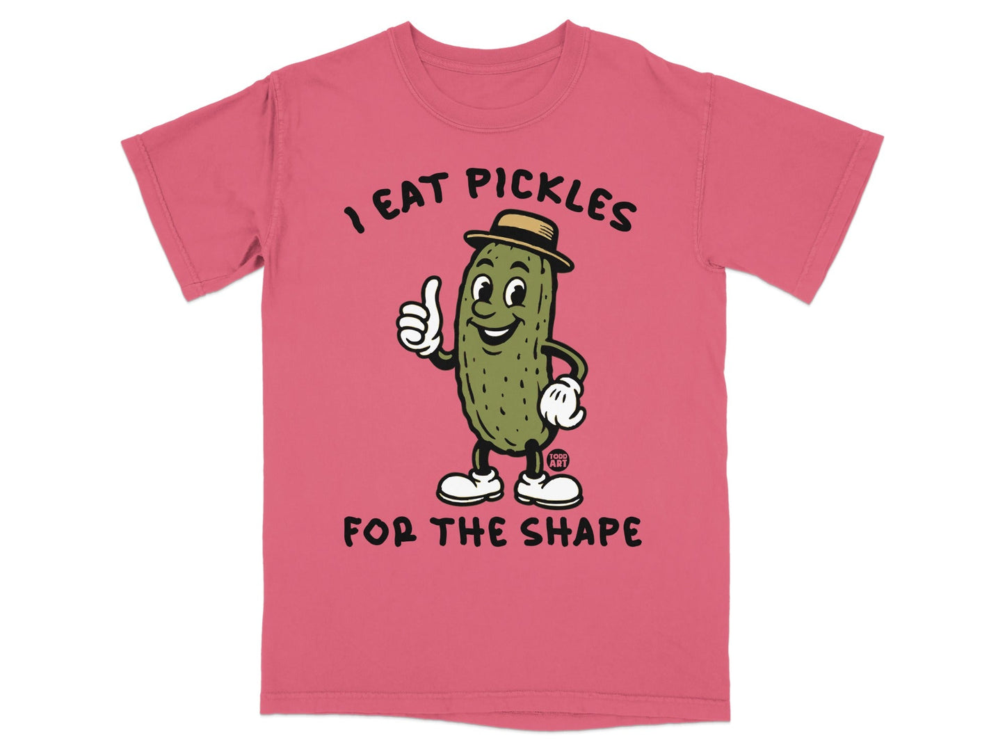 Cartoon pickle in a hat giving a thumbs up, "I Eat Pickles For The Shape."