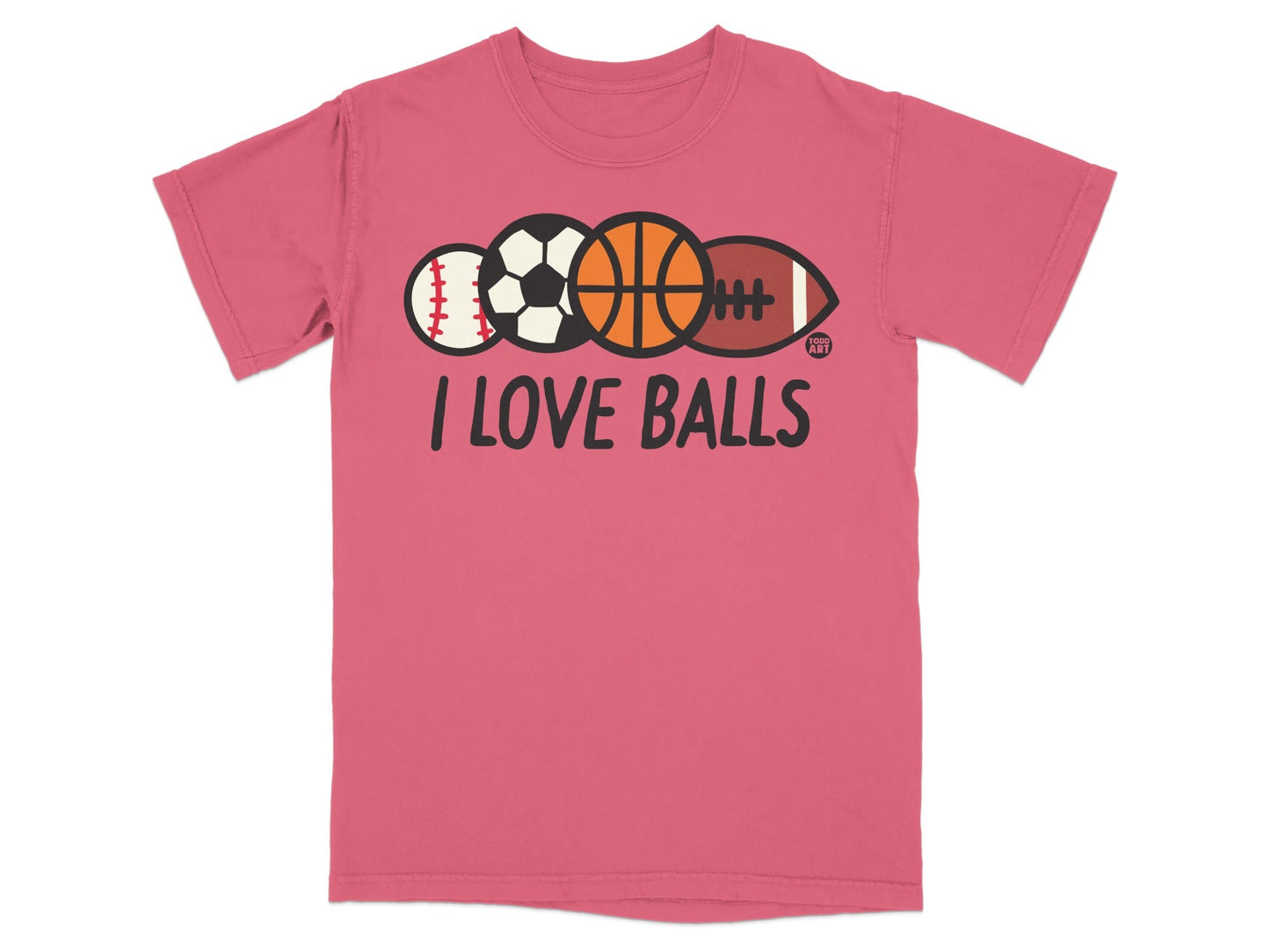 Pink t-shirt with "I LOVE BALLS" and sports balls graphic.