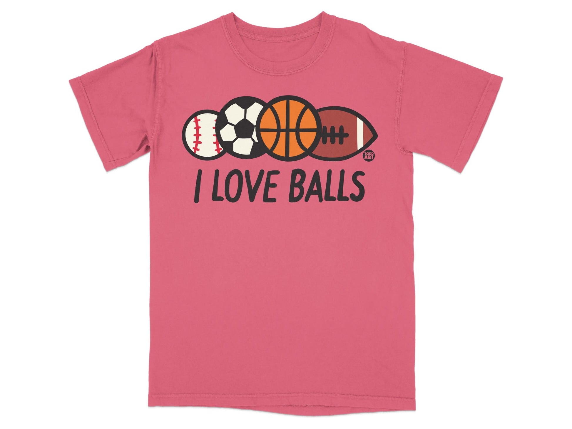 Pink t-shirt with "I LOVE BALLS" and sports balls graphic.