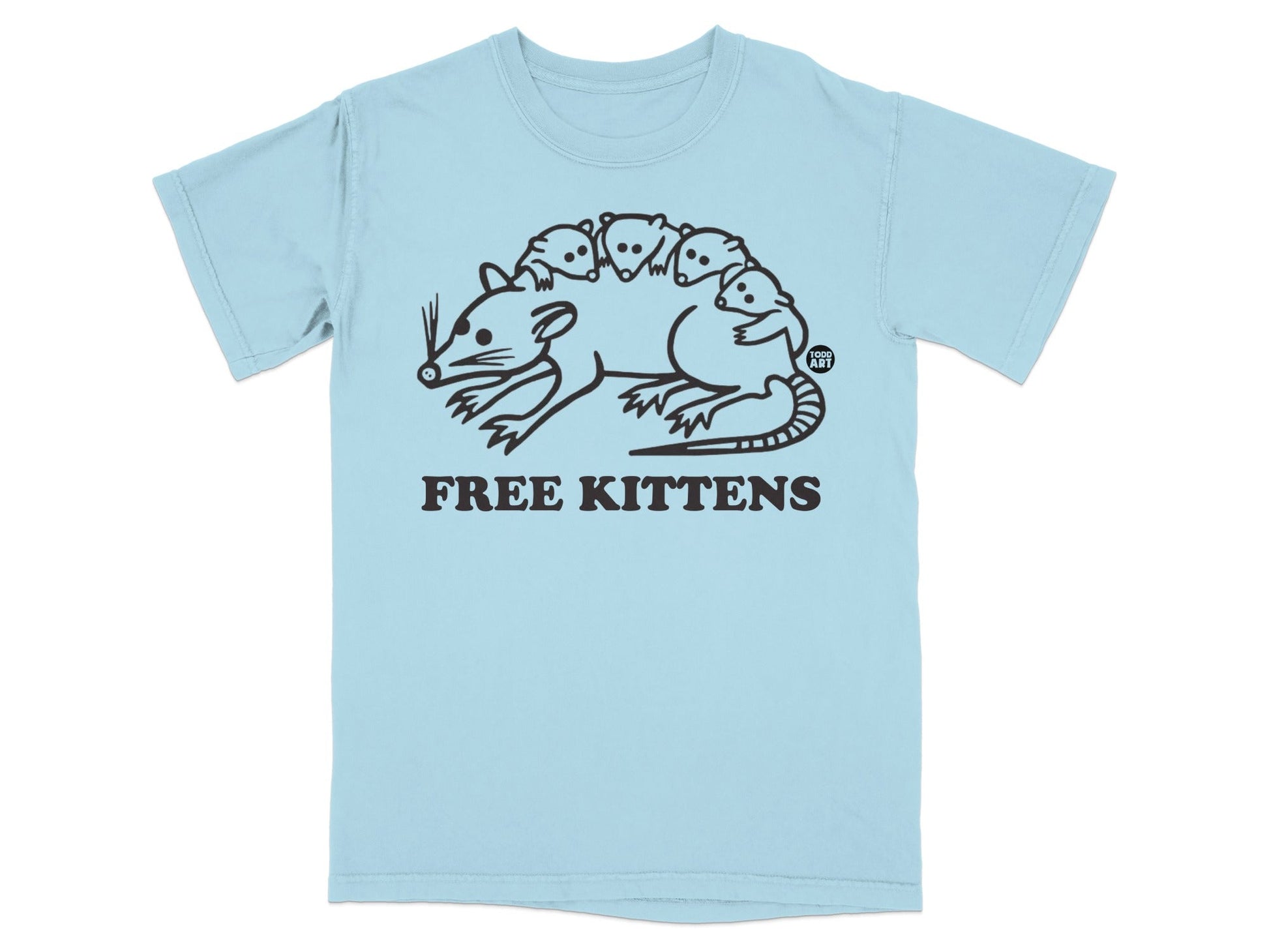 Light blue t-shirt with "FREE KITTENS" text and cartoon possums.
