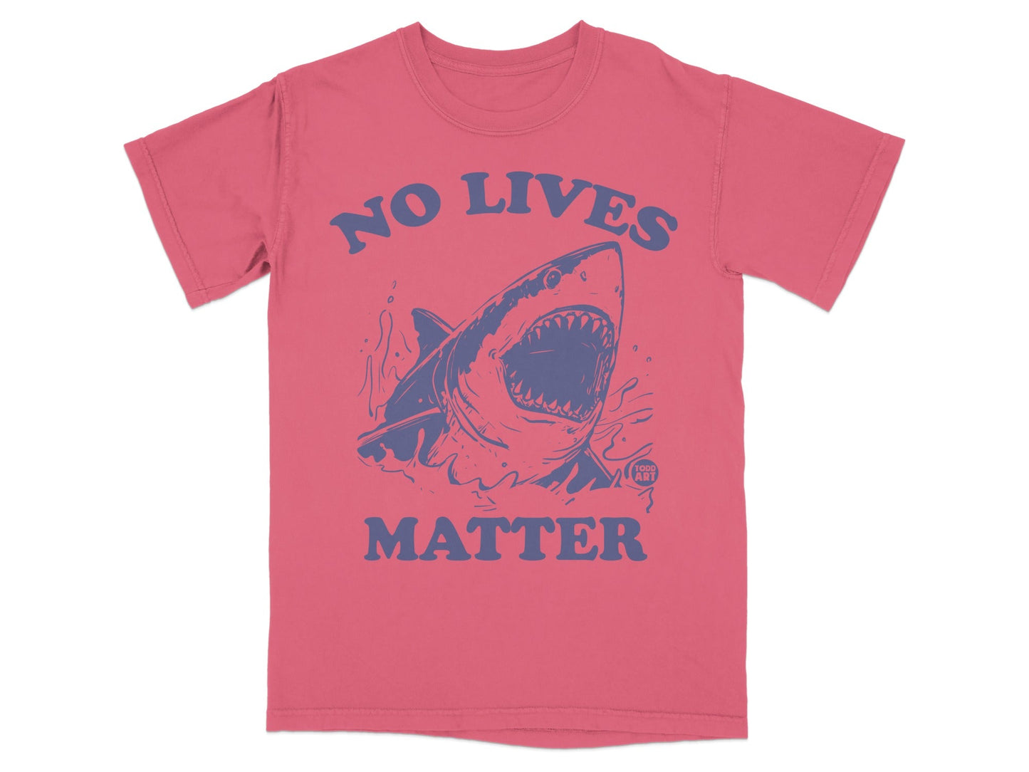 T-shirt with a blue shark graphic and text "NO LIVES MATTER".