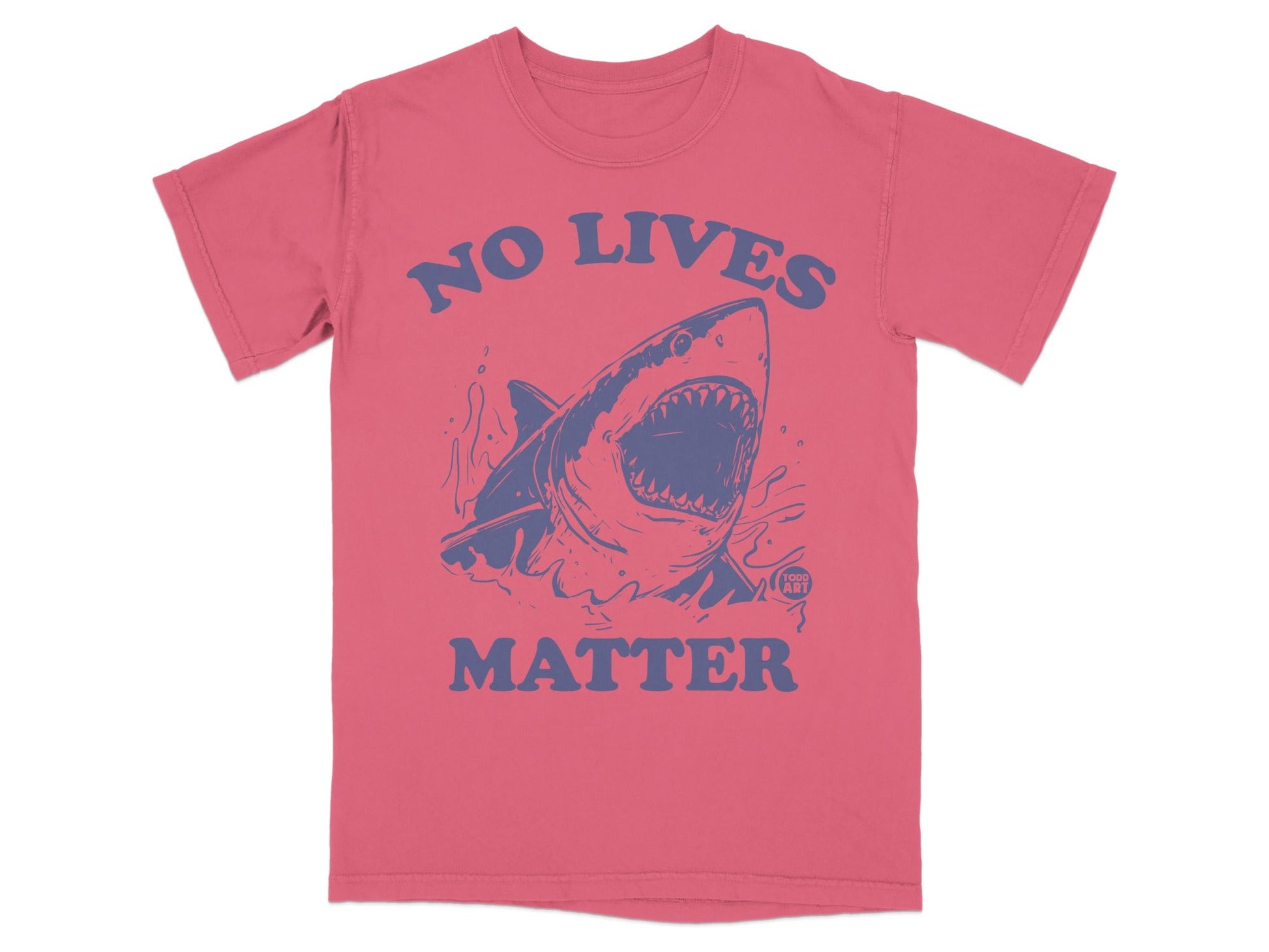 T-shirt with a blue shark graphic and text "NO LIVES MATTER".