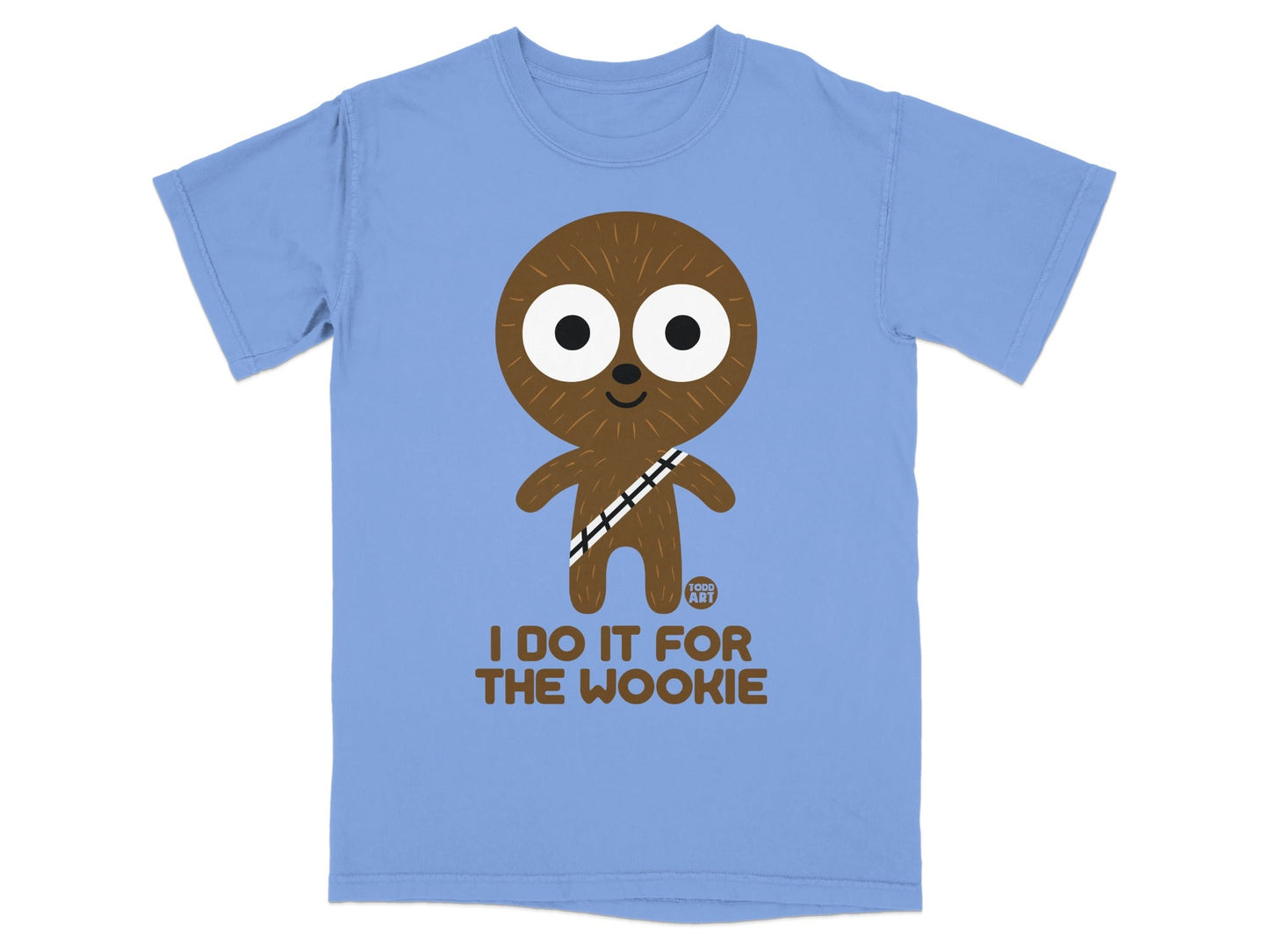 Blue t-shirt with a cartoon Wookiee and "I DO IT FOR THE WOOKIE" text.
