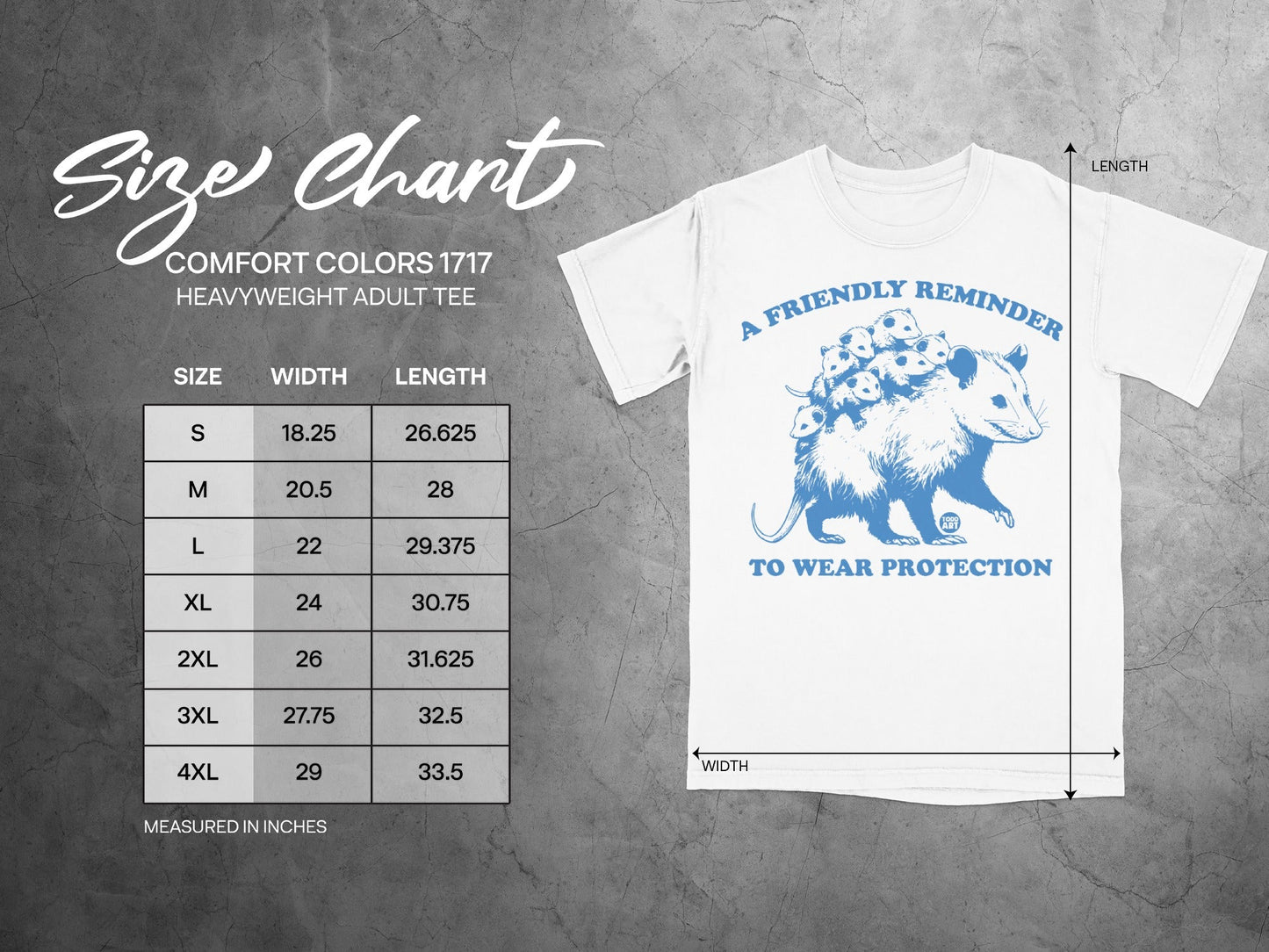 Comfort Colors 1717 heavyweight adult tee size chart with width and length measurements.