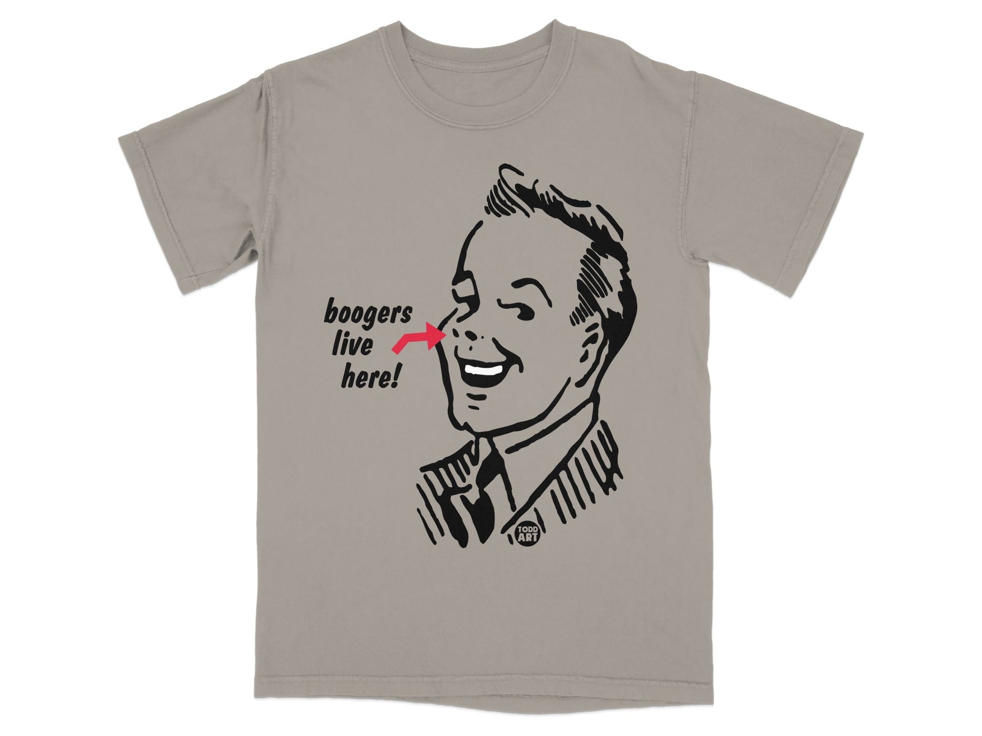 T-shirt featuring a vintage illustration of a man with "boogers live here!" text.