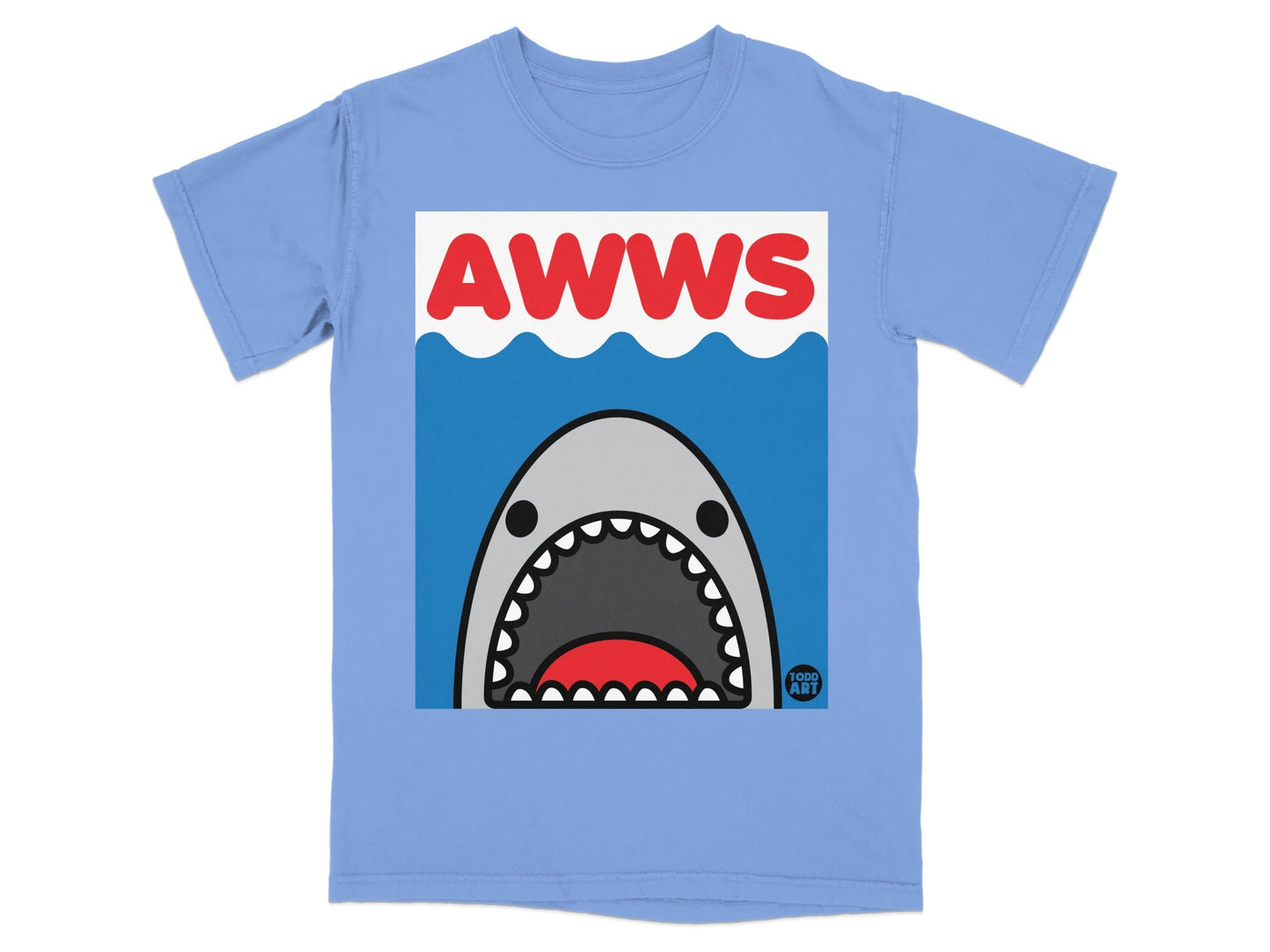 Light blue t-shirt with cartoon shark and "AWWS" text.