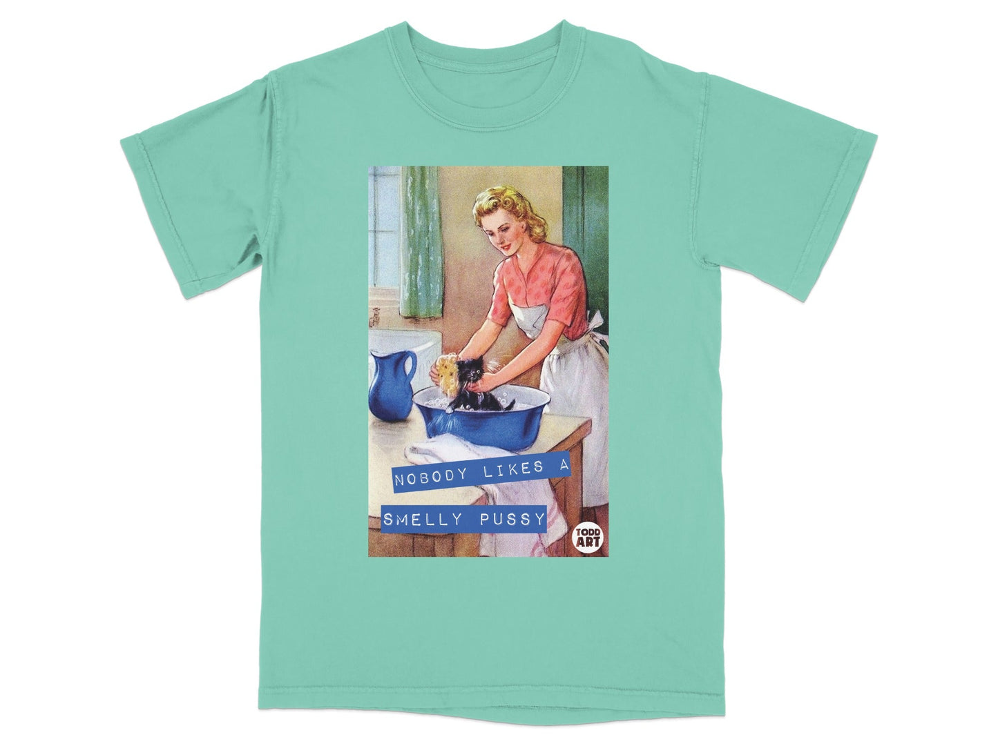 Woman washing a black cat in a blue tub with text.
