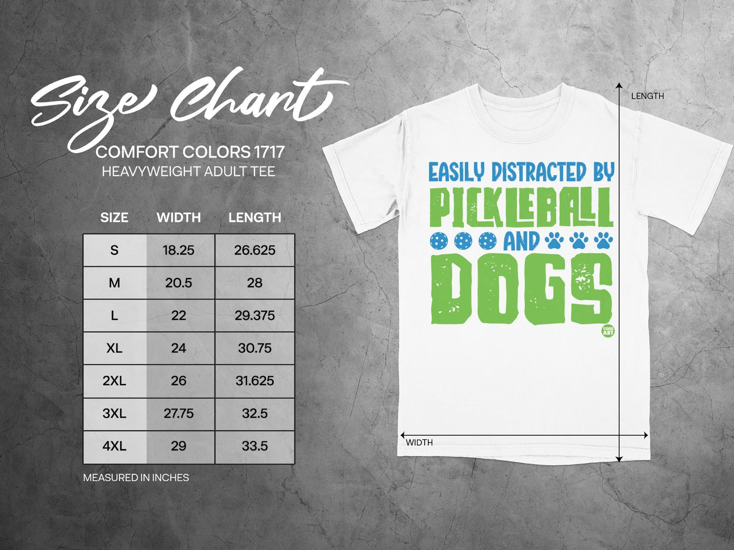 Size chart for a heavyweight adult tee with pickleball and dog graphic.