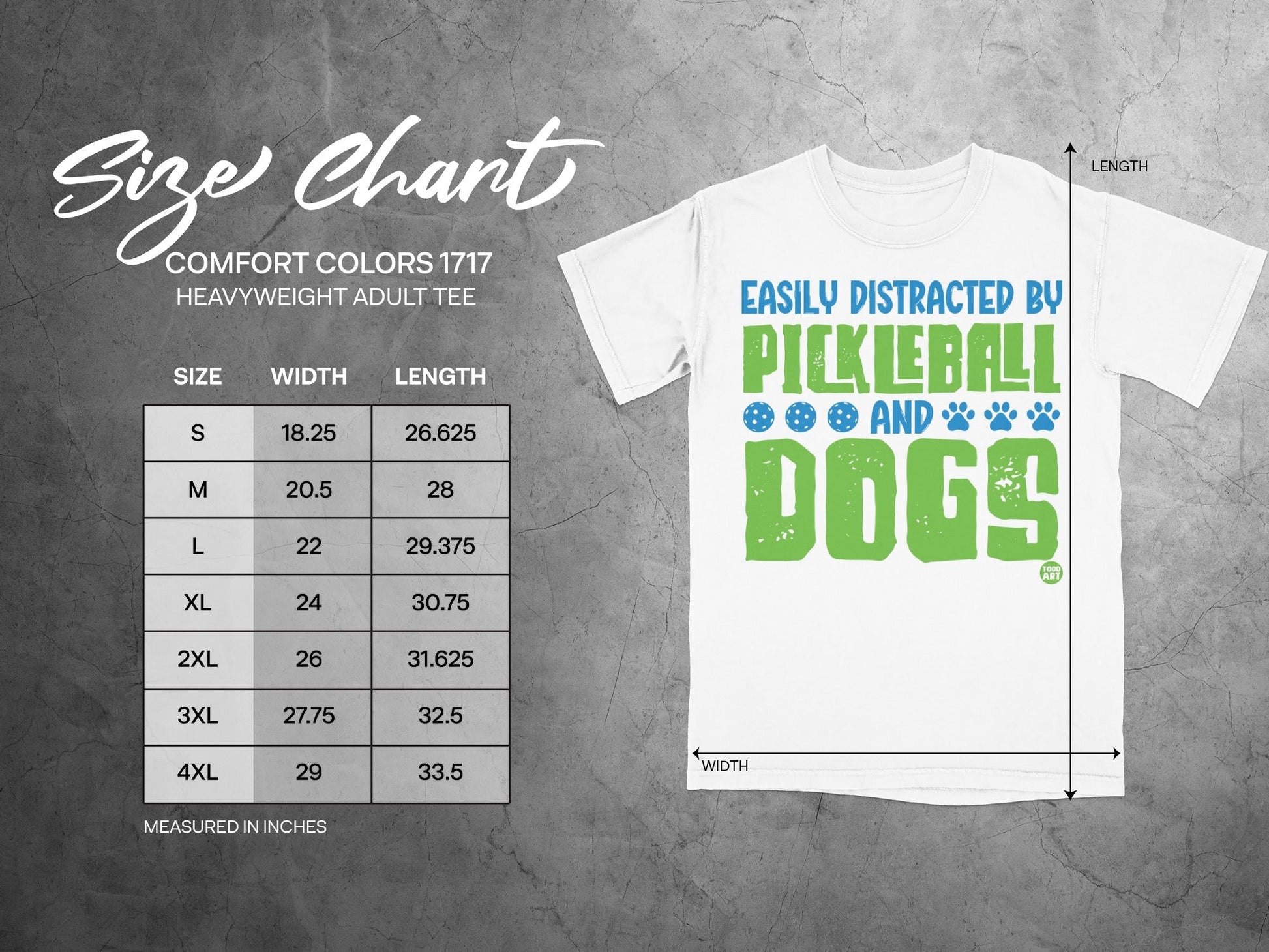Size chart for a heavyweight adult tee with pickleball and dog graphic.