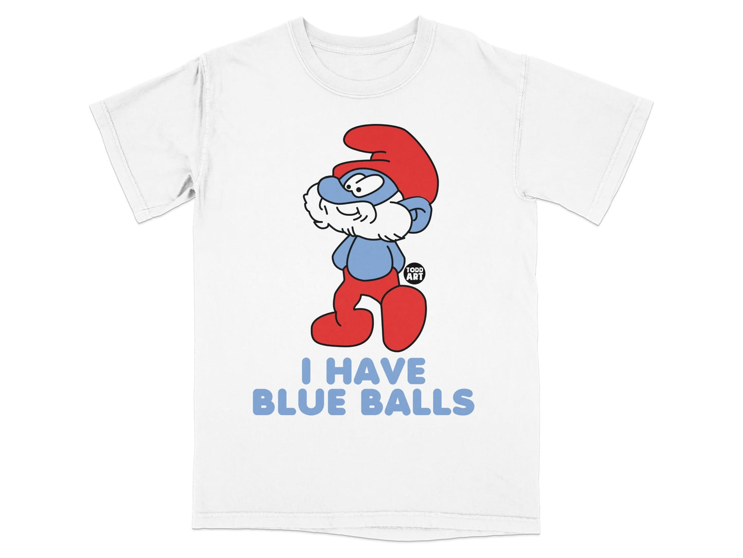 Smurf character with red hat and blue clothes, text says "I HAVE BLUE BALLS".