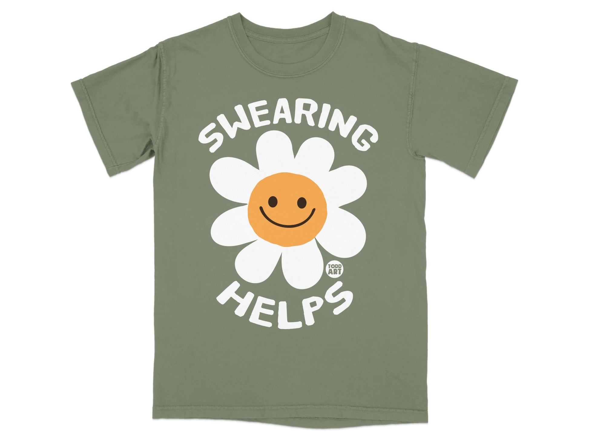 Olive green t-shirt with a smiling daisy graphic and "SWEARING HELPS" text.