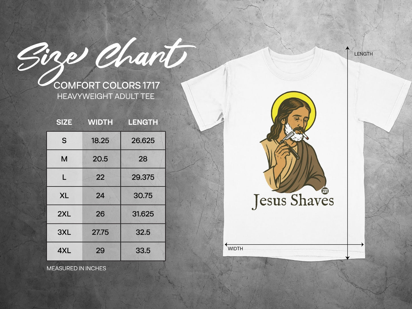 Size chart for Comfort Colors 1717 heavyweight adult tee.