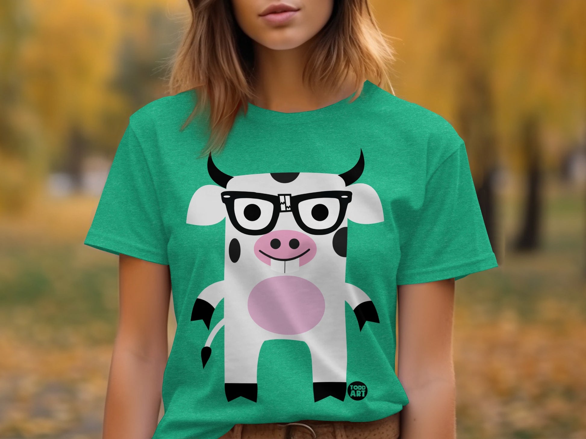 Cute Cartoon Cow with Glasses Green Tee
