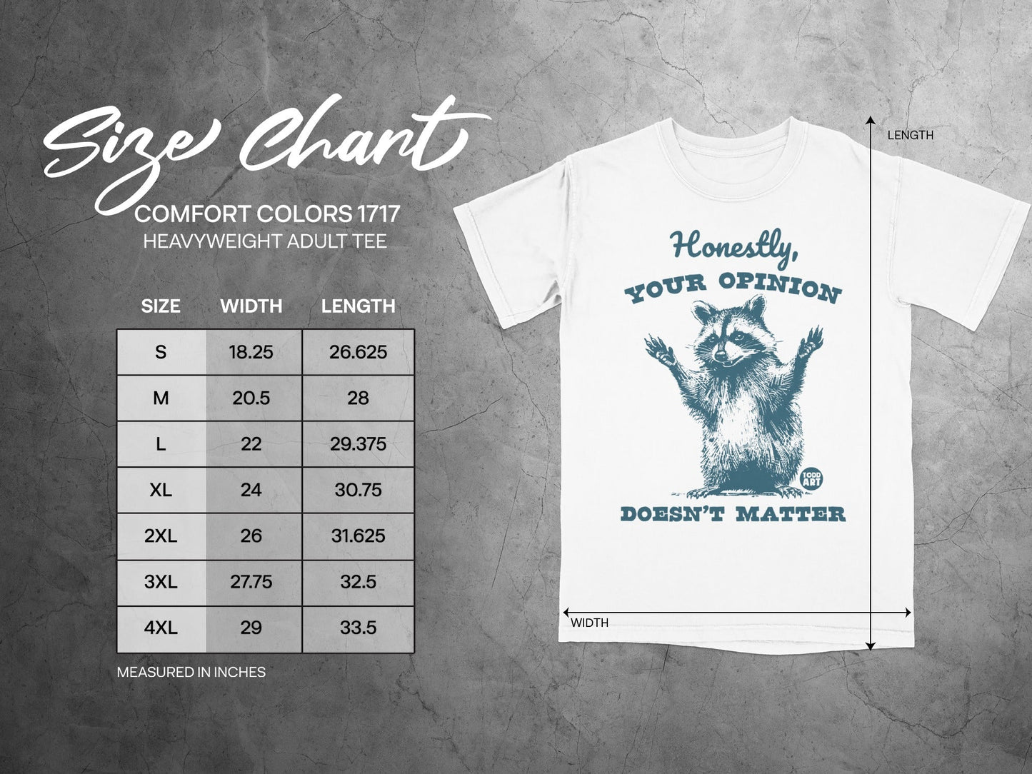Size chart for a Comfort Colors 1717 heavyweight adult tee with a raccoon graphic.