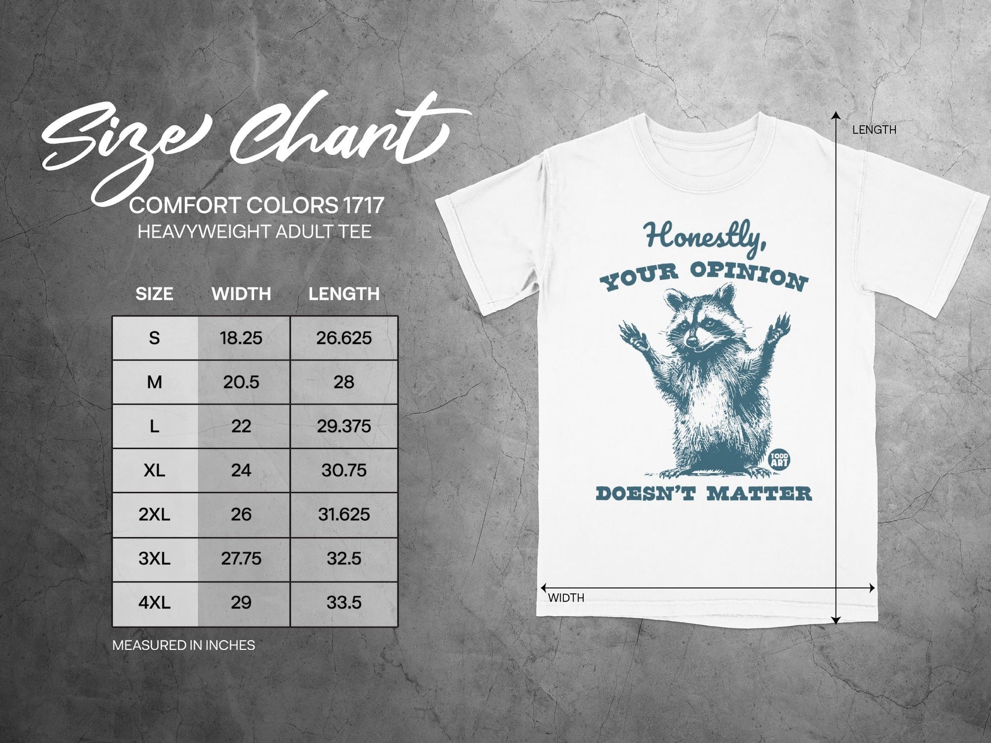 Size chart for a Comfort Colors 1717 heavyweight adult tee with a raccoon graphic.