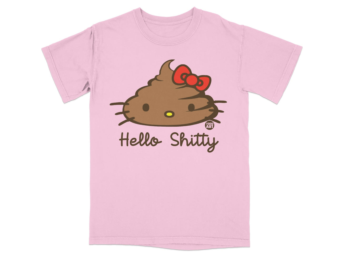 Pink t-shirt with a brown Hello Kitty-like figure made of poop and the words "Hello Shitty".