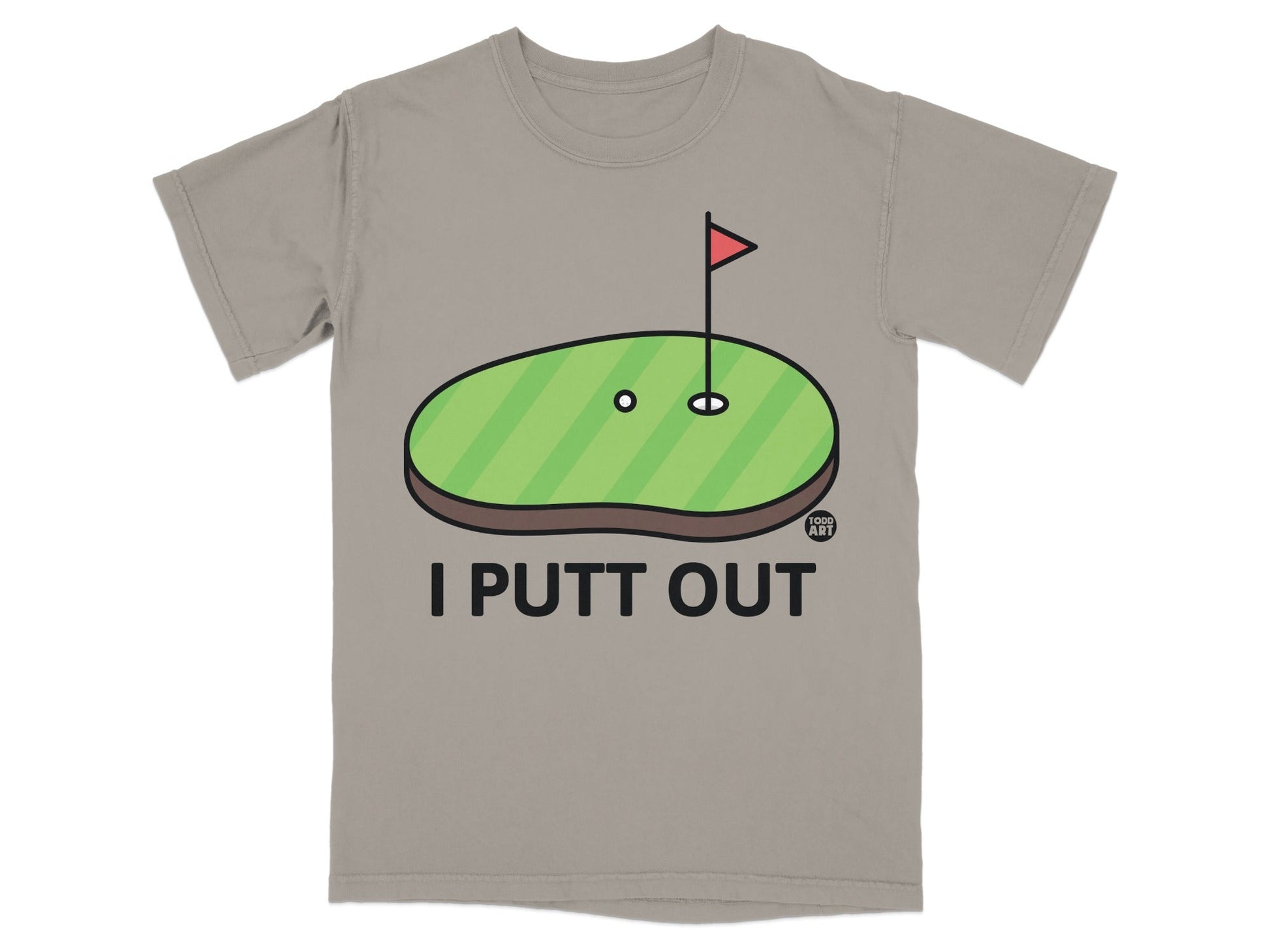 T-shirt graphic of a golf putting green with text "I PUTT OUT".