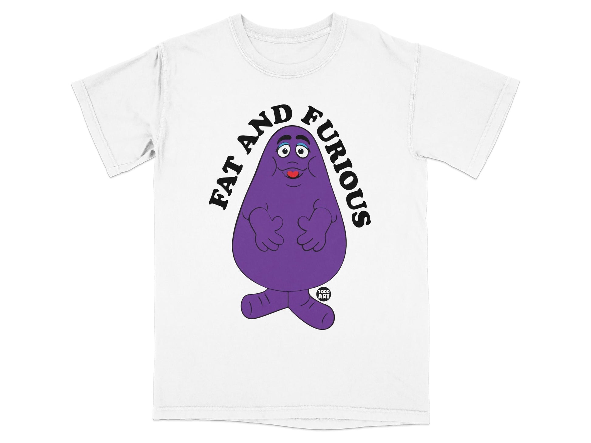 Grimace character with "Fat and Furious" text on a white t-shirt.