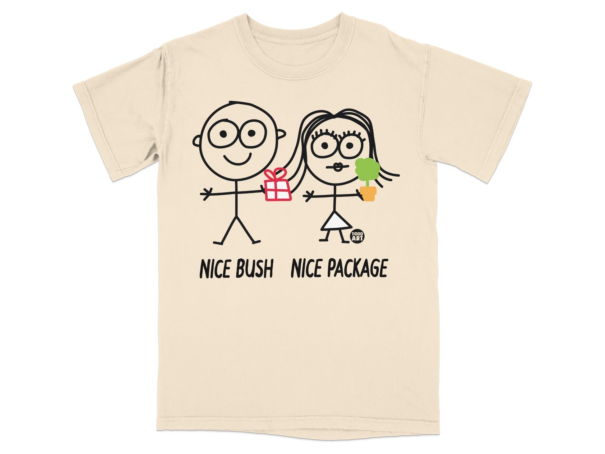 Stick figures giving a gift and holding a plant, with text "NICE BUSH NICE PACKAGE".