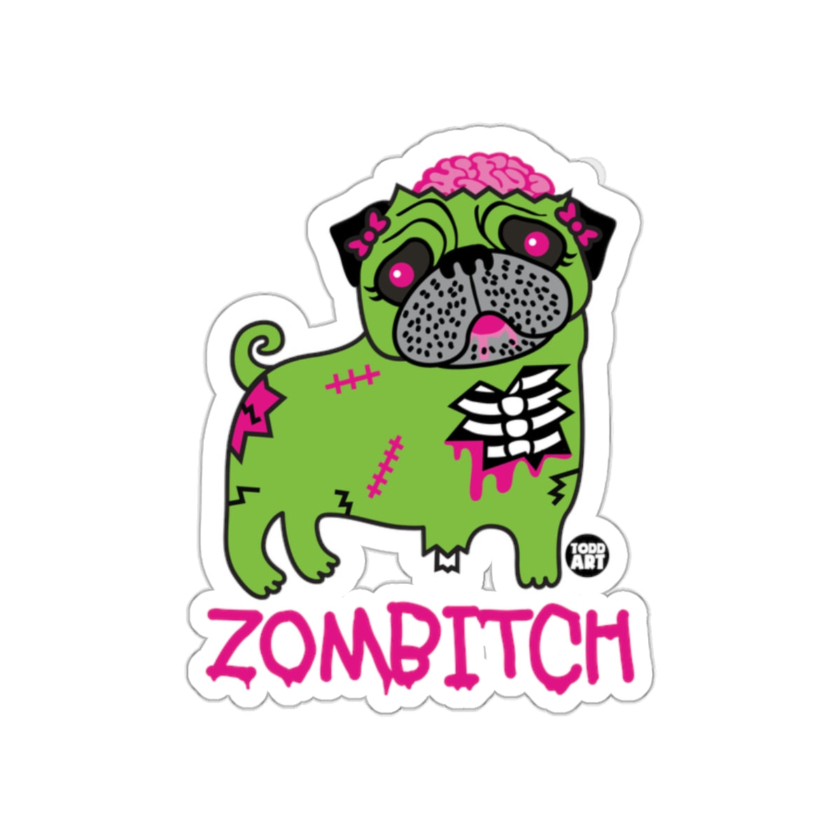 Zombitch Green Zombie Pug Sticker Fun Design