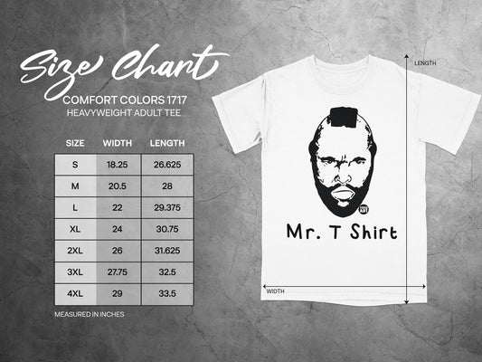 Size chart for Mr. T heavyweight adult t-shirt, showing width and length measurements.