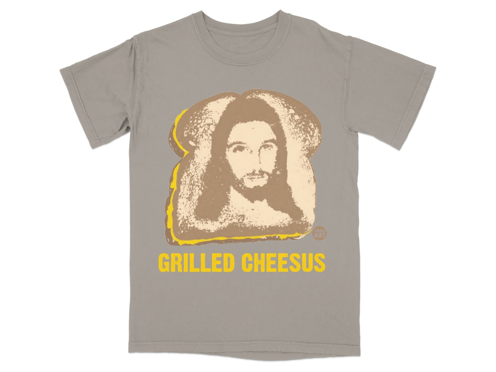 T-shirt with a grilled cheese sandwich featuring a portrait of Jesus.
